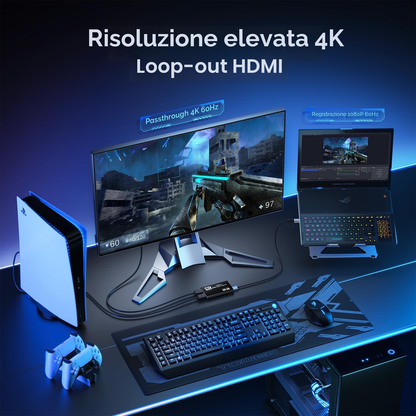XIIXMASK Scheda di acquisizione video, Scheda di acquisizione USB 3.0 4K HDMI Loop-Out, acquisizione video 1080P 60FPS/2K 30FPS per lo funziona per PS5/Switch/fotocamera/PC/OBS(nero)