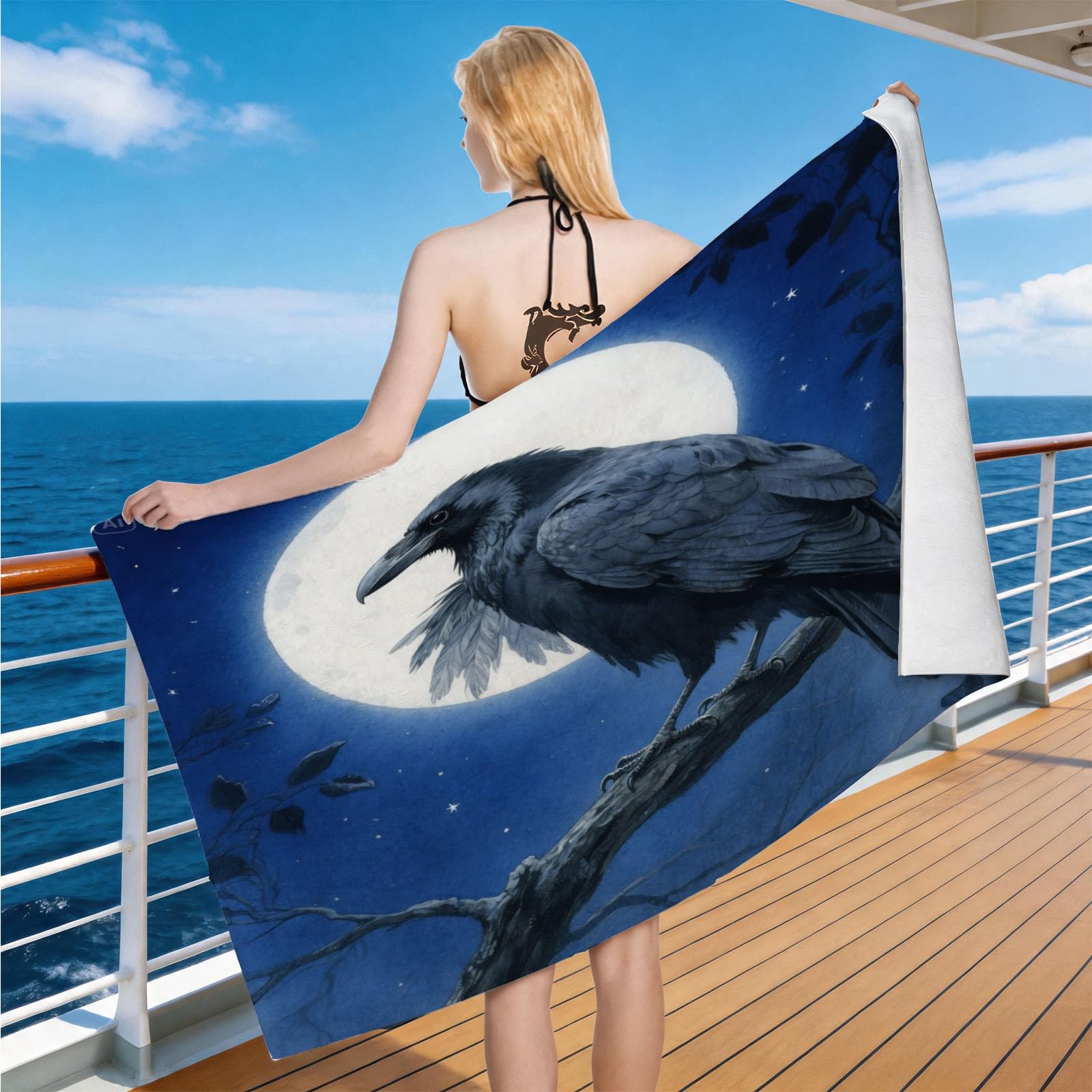 Hongduo Microfiber Quick Dry Beach Towel Moon Crow, 3D Bird Beach Towels Absorbent Fast Drying Bath Towels, Travel Camping Gym Swimming Bathroom (70x150cm)