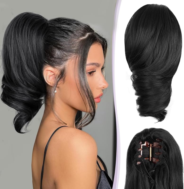 Colas de caballo con clip para mujeres: extensión de cola de caballo con clip de 12 pulgadas, extensiones de cabello de cola de caballo rizadas, extensiones de cabello sintético, cola de caballo, piezas de cabello natural para mujeres (color: negro)