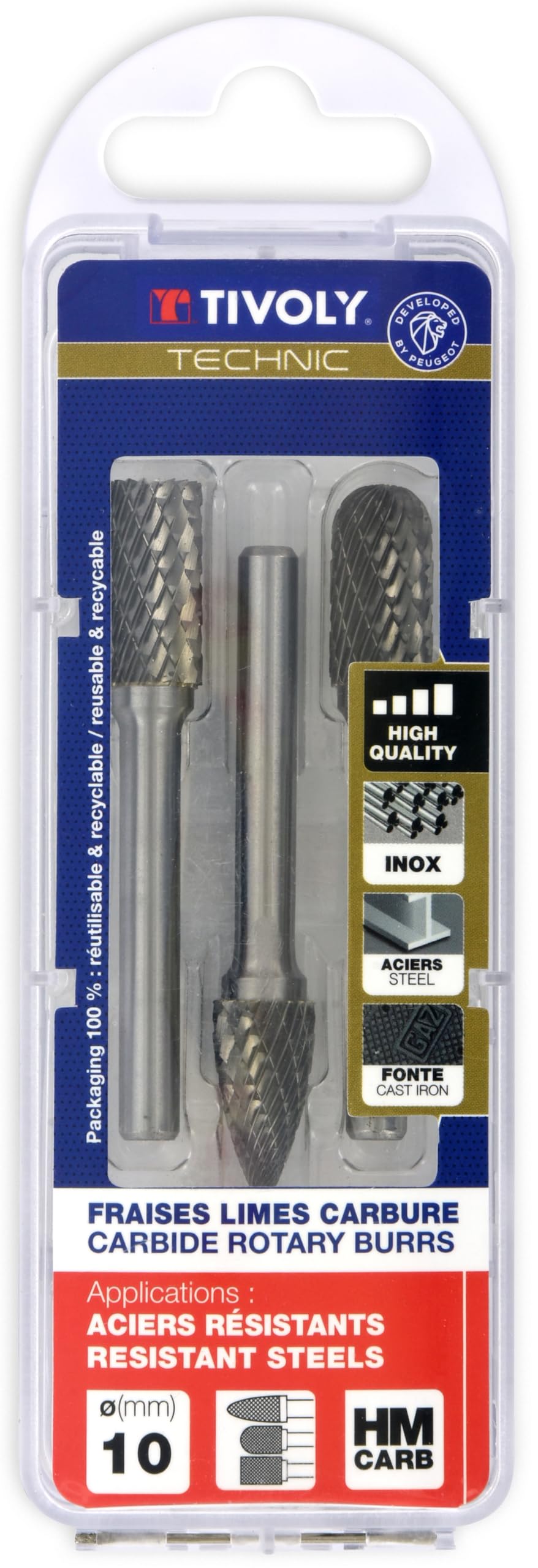 TIVOLY - Coffret 3 Fraises Limes Carbure Ø10mm - Fraisage des Métaux les plus Résistants - Queue Cylindrique Ø6mm pour Meuleuse Droite