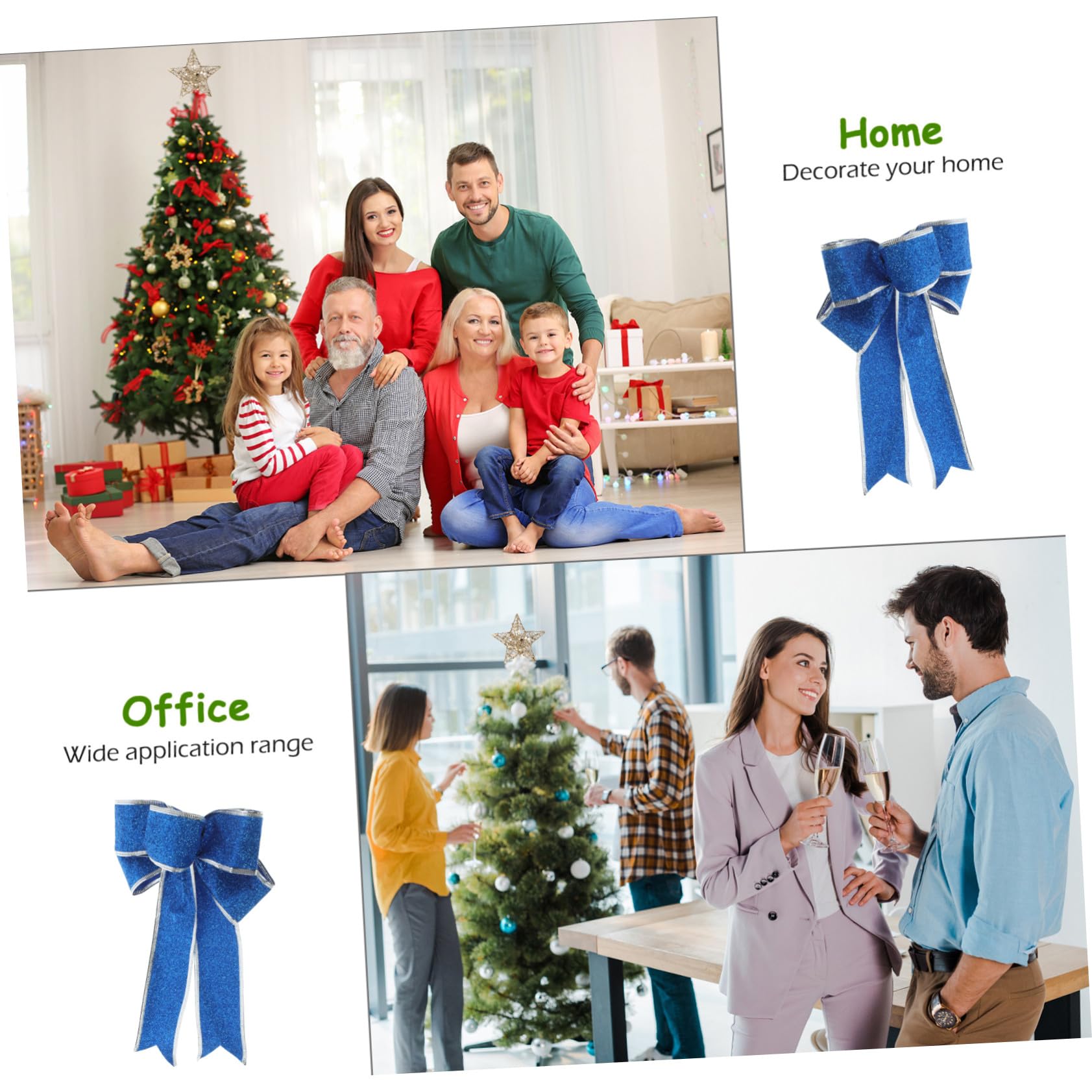 WOONEKY 5 Stück Glitzernde Weihnachtsdekorationsschleifen Große Stoffschleifen in Blau Fertige Geschenkbandknoten für Weihnachtsbaum Tür Wand und Tischdeko Festliche