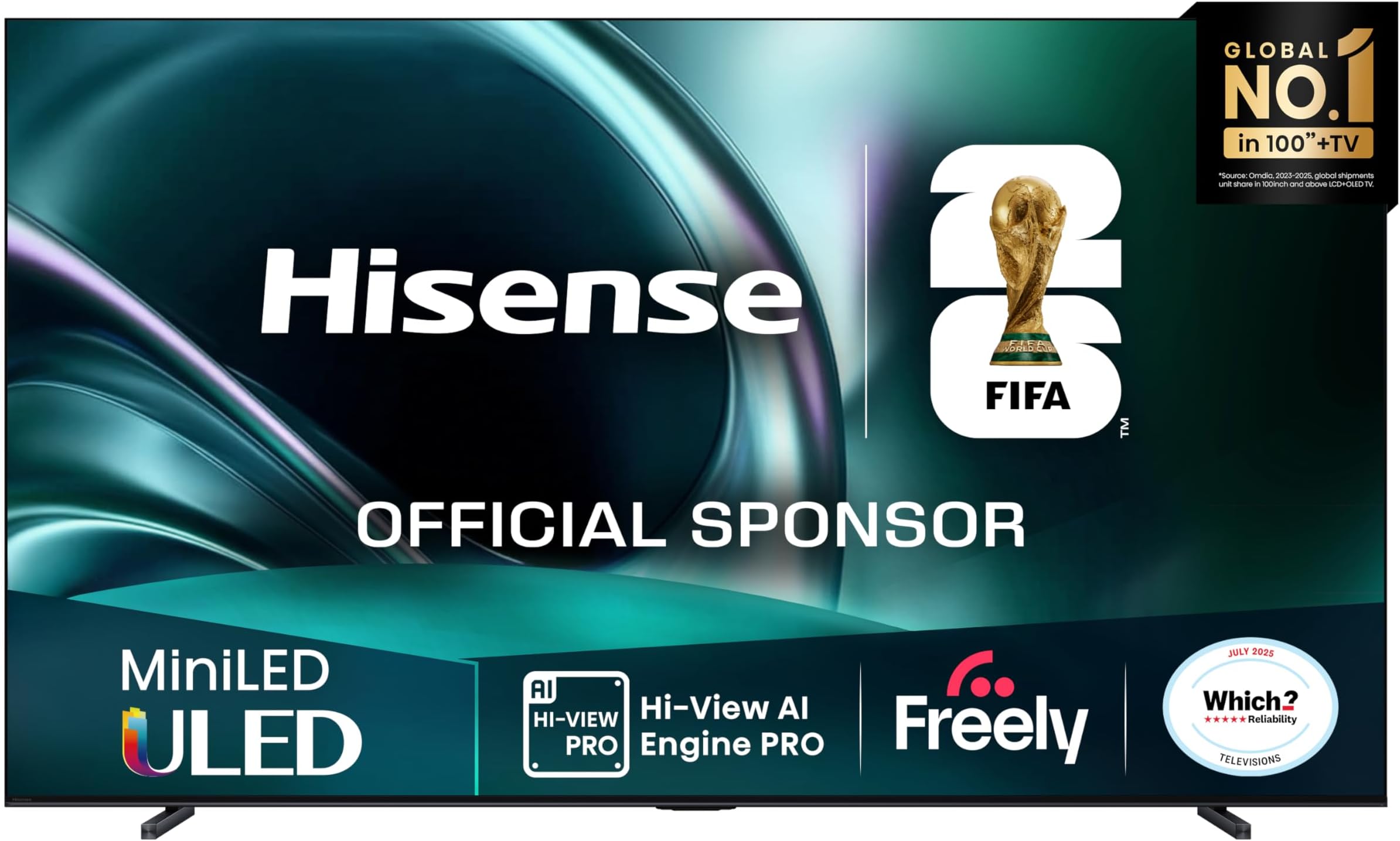 Hisense 100" 100U7QTUK MiniLED QLED 165Hz AI TV - Hi-View AI Engine, 165Hz Game Mode Ultra, 2.1 Channel, Dolby Atmos, Quantum Dot Colour, Anti-Reflection with Freely, Disney +, YouTube, Netflix