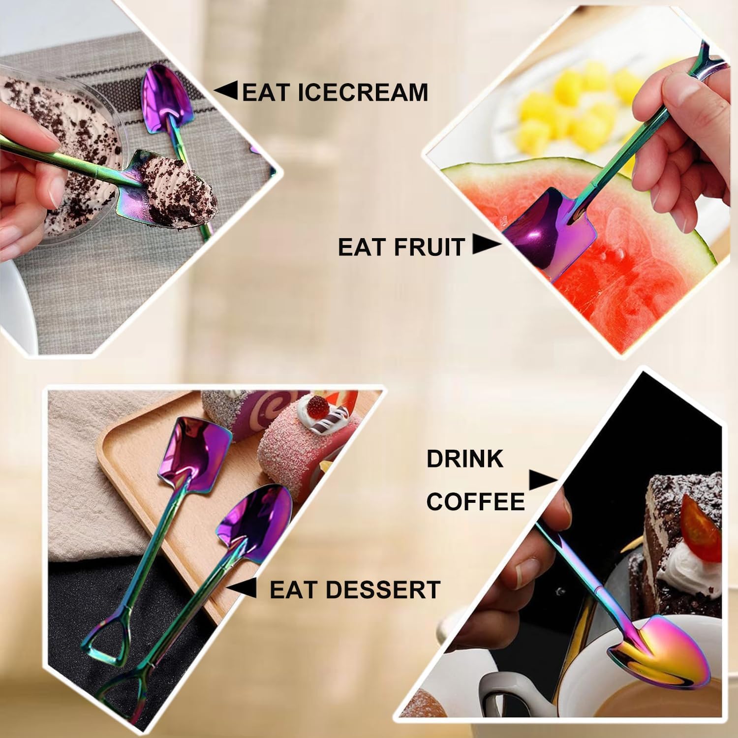 6 Rainbow Shovel Spoons,Small Shovel Shape Stainless Steel Dessert Fruit Iced Tea Coffee Mixing Jam Ice Cream Salad Spade Spoons for Home Kitchen & Hotel Accessories,Mini Shovels For Party Favors Gift