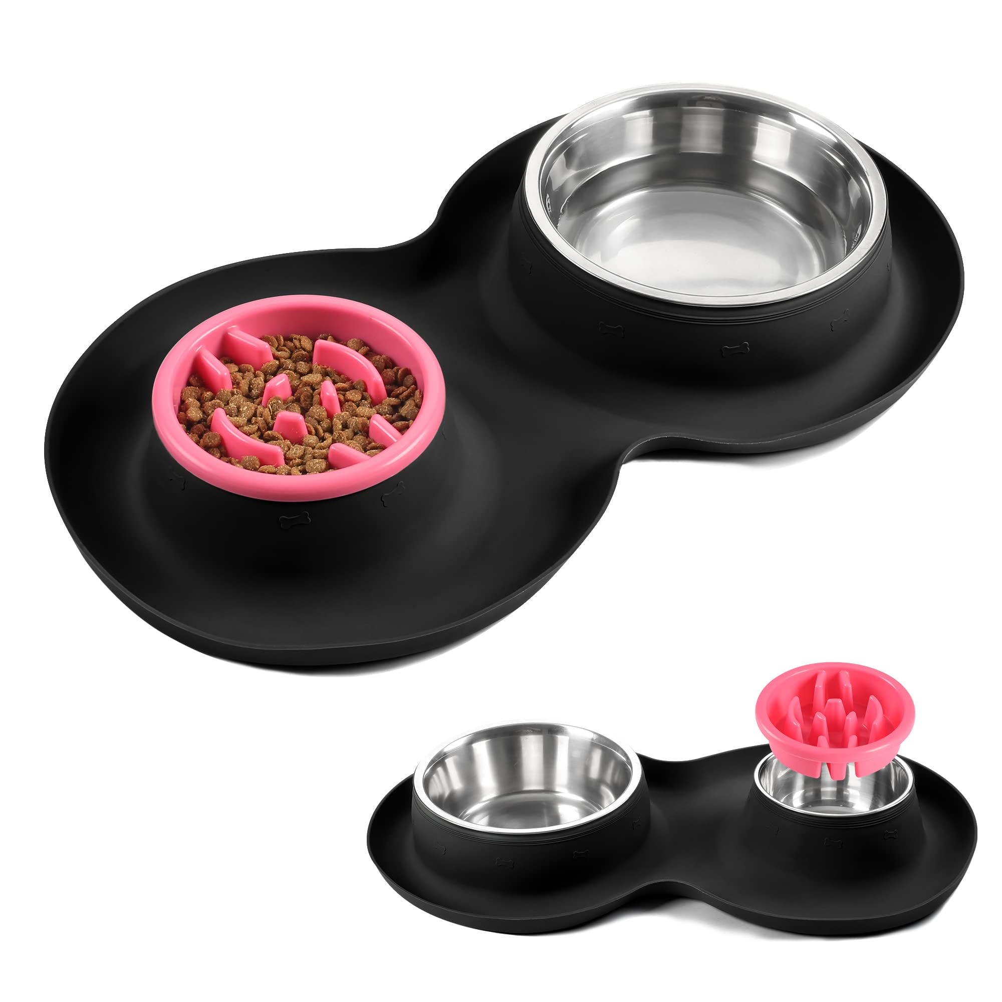 Cuencos para perros 100 % impermeables sin BPA, 2 de acero inoxidable (53 onzas + 27 onzas) con alfombrilla de silicona de borde elevado de 1.35 pulgadas + cuencos de agua y comida para perros