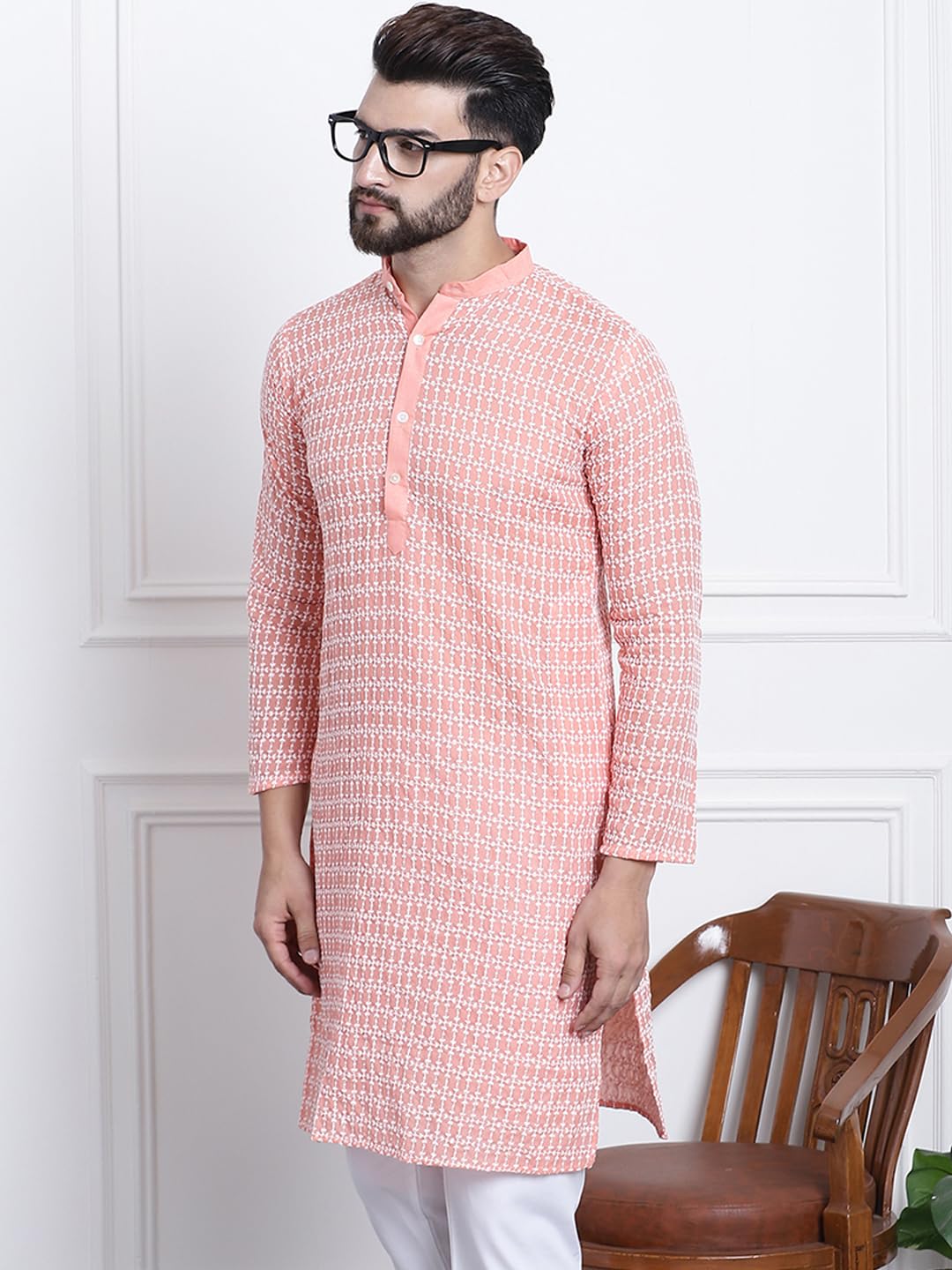 Sojanya (Since 1958 Men's Pure Cotton Peach With White Embroidery Only Long Kurta