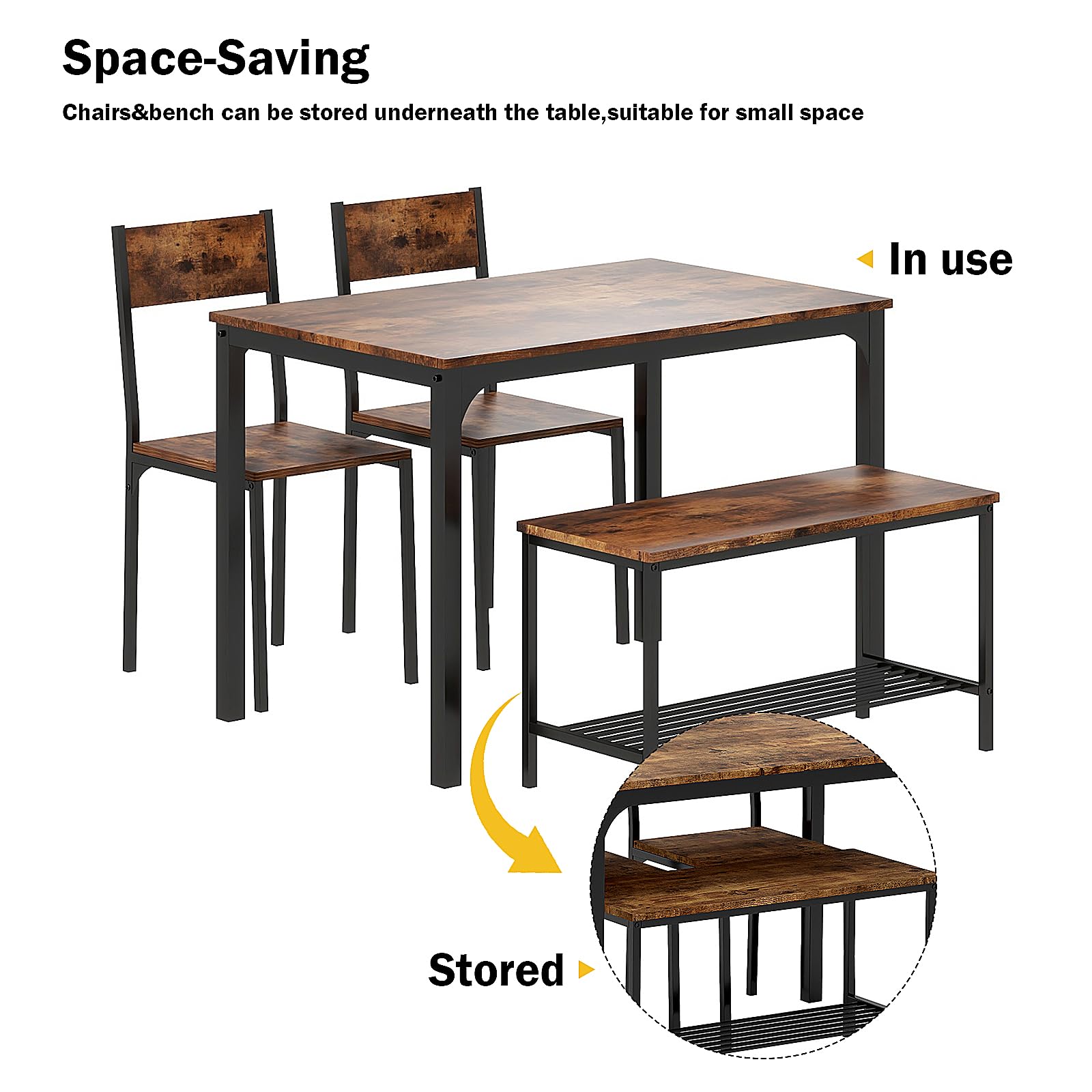 sogesfurniture Essgruppe 4-teilig, mit Esstisch 110 * 70 * 76cm, 2 Stühlen, eine Sitzbank in Metallgestell, Rechteckig Küchentisch-Set mit Ablagefläche für Wohnzimmer, Esszimmer, Vintagebraun