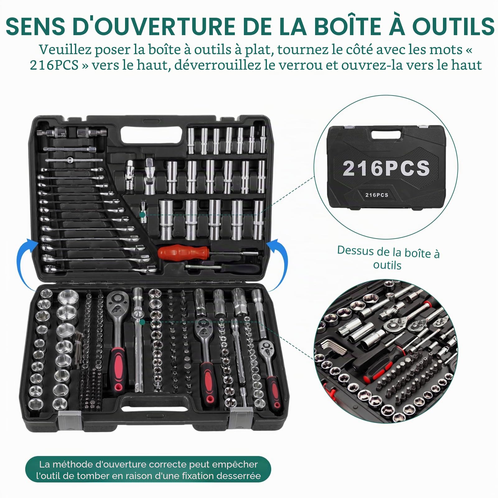 Coffret de clés à douille Victoam | 216 pièces | Ensemble d'outils en vanadium et embouts incl. adaptateur d'embouts pour tournevis à batterie | Ensemble d'outils | Trousse de clés à cliquet