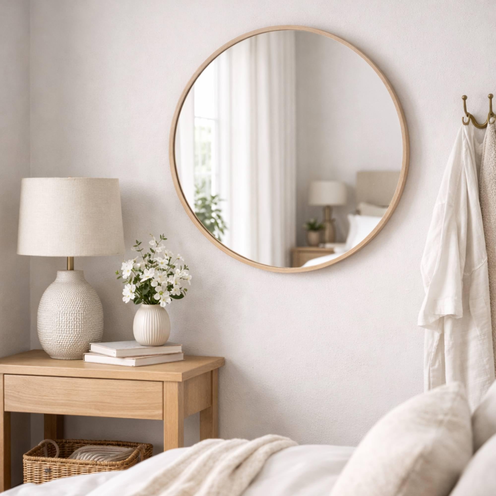 Well Home Espejo Redondo Ø60cm Marco de Madera Clara, con Gancho Trasero, Ideal para recibidor o baño