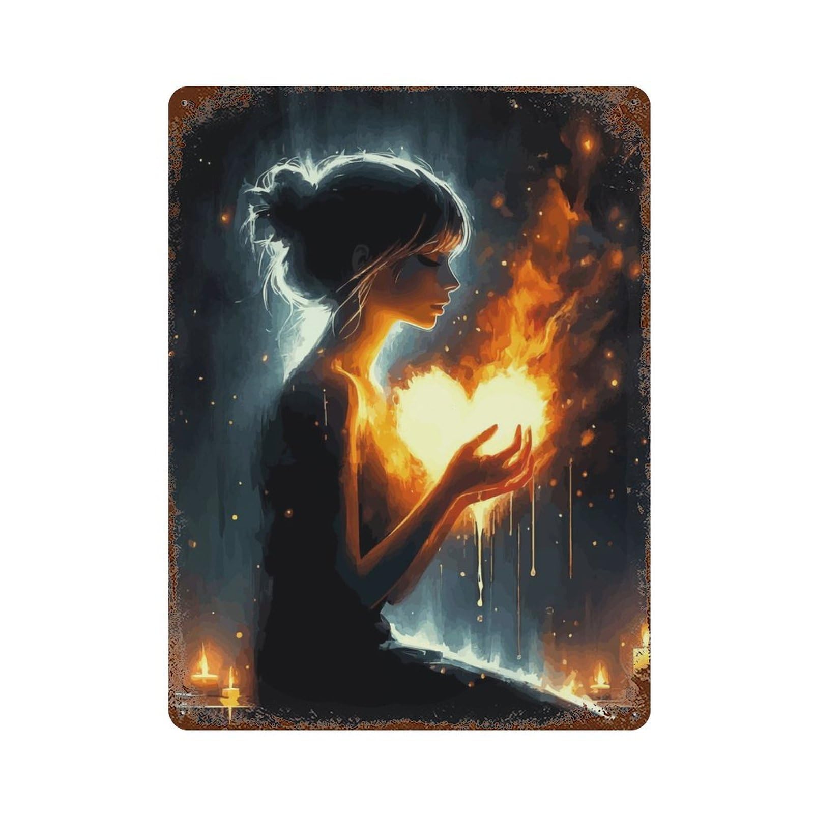 Aged Metal Wall Plaque with Burning Heart Design 15.7"x11.8", for Basement, Hobby Room And Garage Decor, Farmhouse Wall Decor
