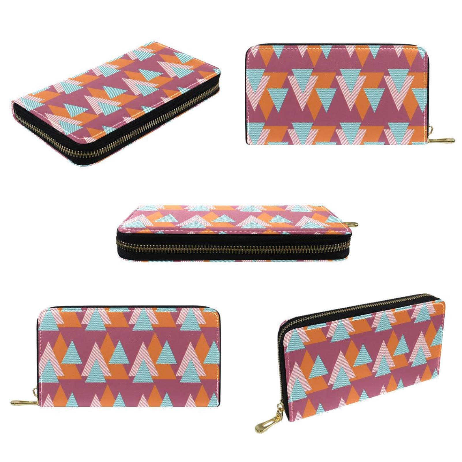 Cartera de cuero con cremallera larga a rayas con patrón de triángulos geométricos, Varios colores, 20.5x2.5x11.5cm/8.07x1x4.53 in, Classic