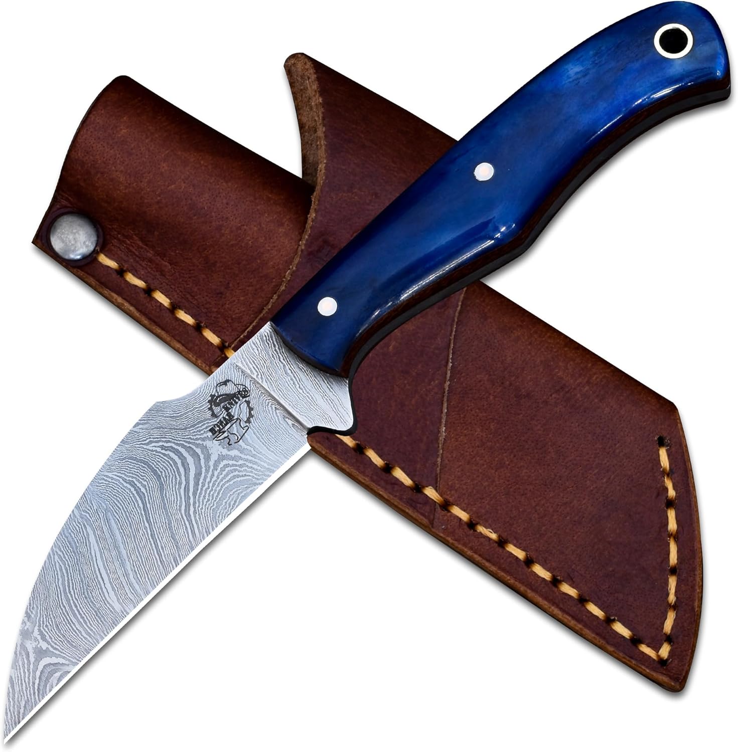 Knives Ranch Fixed Blade EDC Knife – Damascus Everyday Carry – Full Tang Ranch Knife – Bone Handle Cowboy knives – Horizontal Carry– Belt with Sheath Horizontal