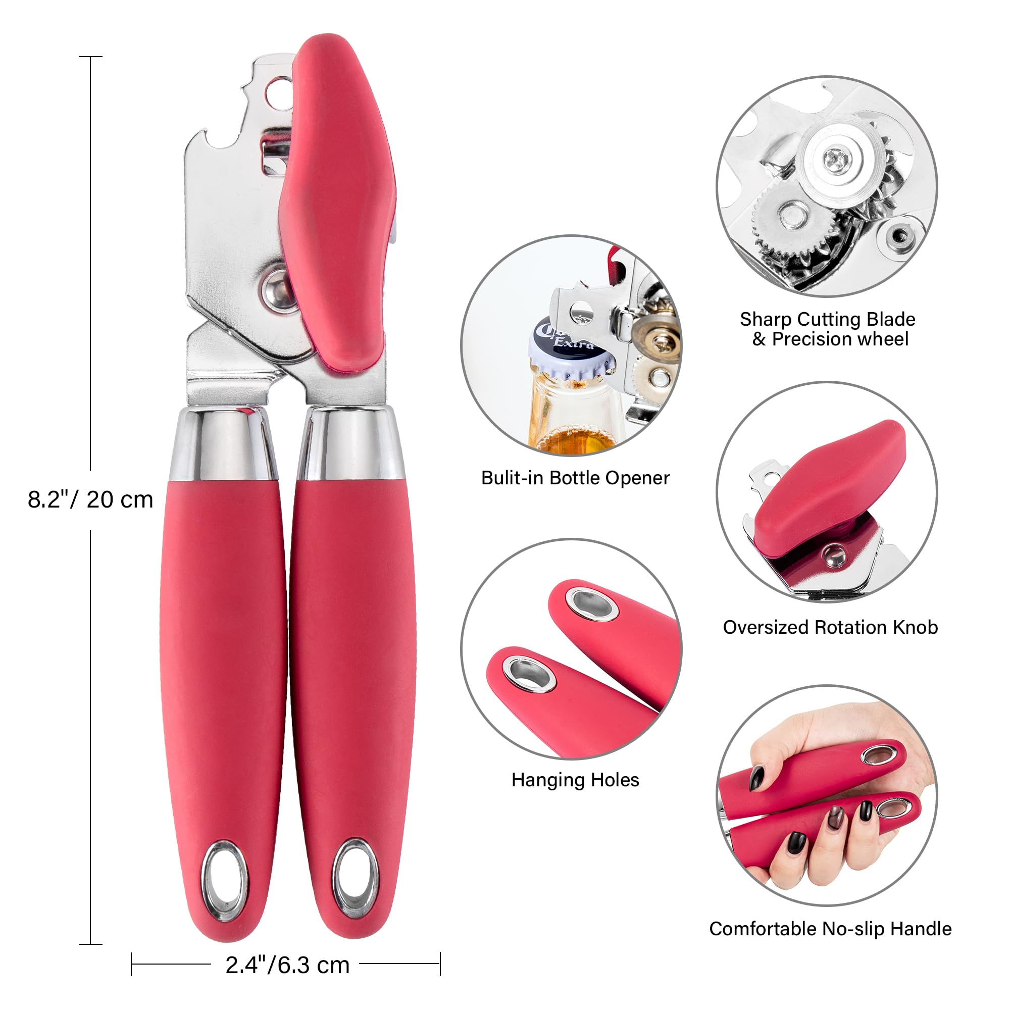 TJ POP Ouvre-boîte manuel robuste en acier inoxydable, lame tranchante, poignées antidérapantes (rouge)