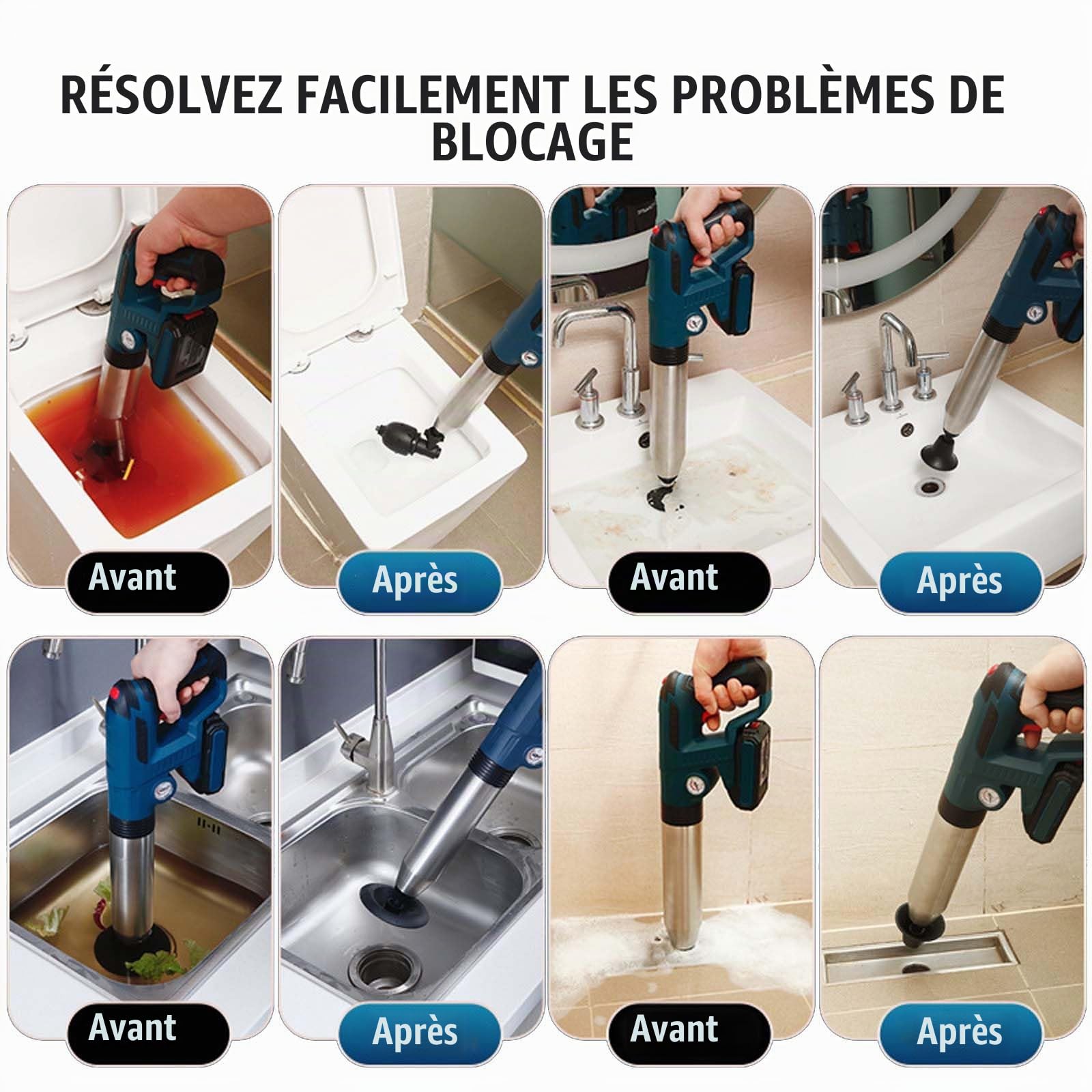 Aisny Deboucheur WC Électrique, Déboucheur à Pompe Deboucheur Canalisation Professionnel avec Indicateur de Pression d'air et 4 Adaptateurs en Caoutchouc pour Salle de Bain Cuisine Toilettes