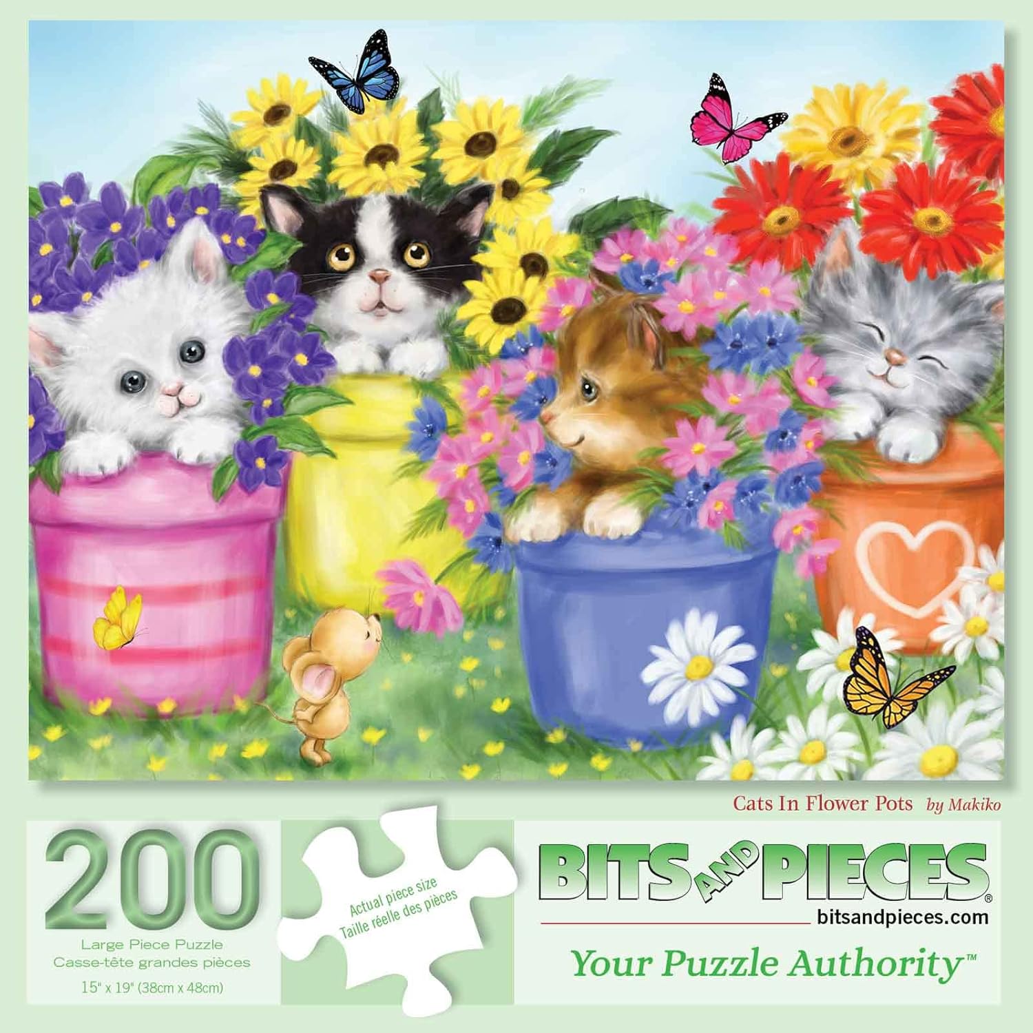 Bits and Pieces Large Piece Jigsaw Puzzle – 200 Pieces – Cats in Flower Pots by Makiko – 15"x19" Colorful Garden Scene with Kittens, Flowers & Butterflies – Family Puzzle