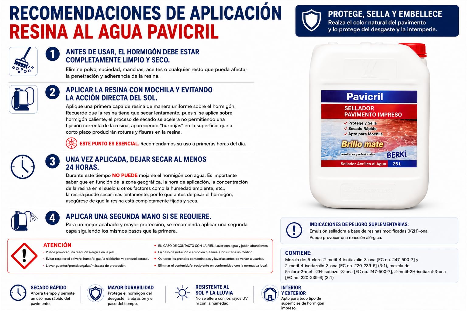 BERKI - Resina para Pavimento Impreso al Agua Pavicril 25 Litros, Sellador Hormigón, Barniz para Pavimento, Protección del Suelo. Brillo Mate, Somos Fabricantes.