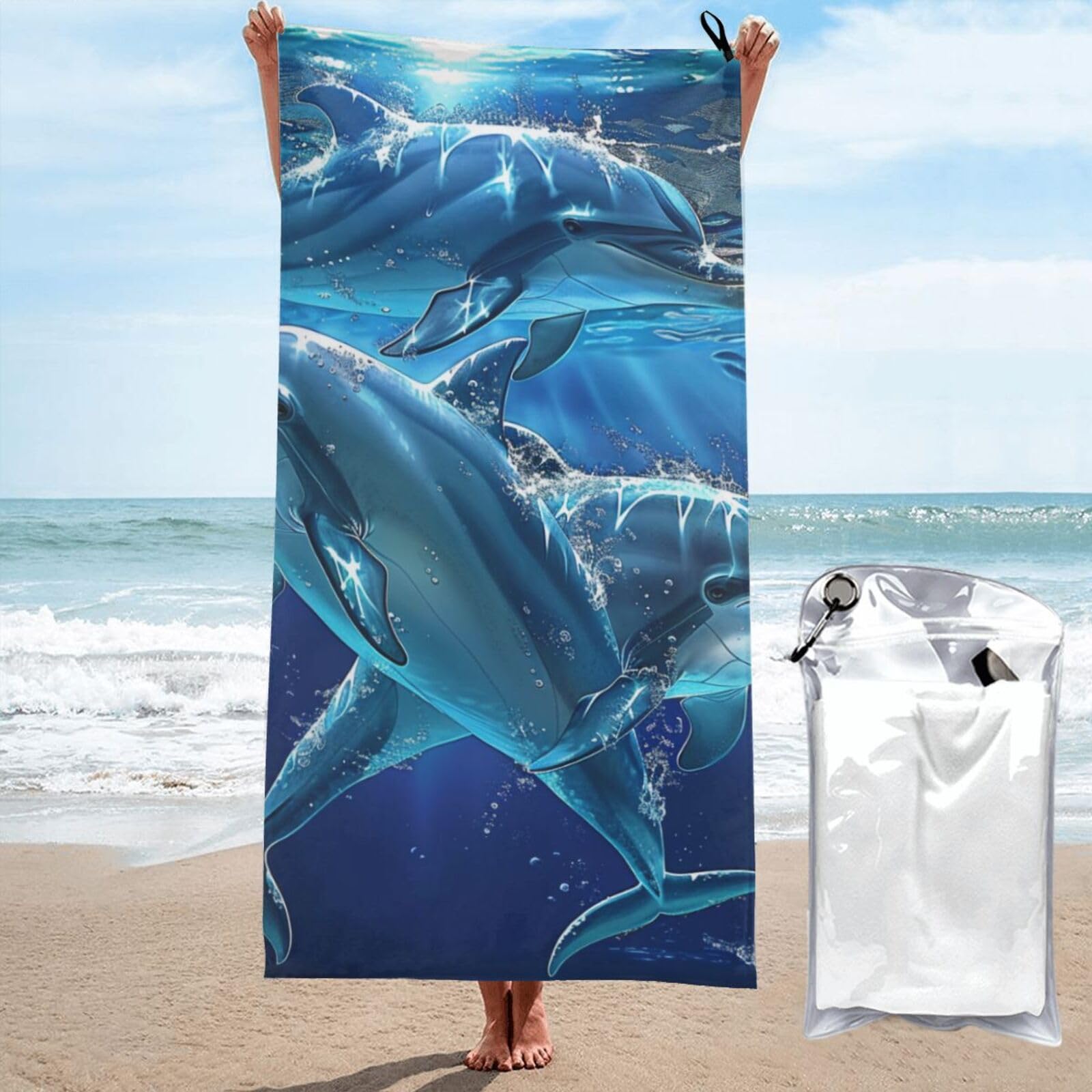 BWWHCCTI Dolphins Printed Microfiber Quick Dry Beach Towel 80x160 CM, Fast Drying Bath Towels with Bags for Travel,Camping,Gym,Beach,Swimming,Yoga