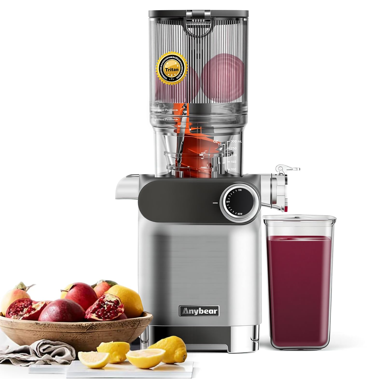 Anybear Cold Press Juicer, 200W Slow Masticating Juicer 4.3" Large Feed Chute Fit Whole Fruits Vegetables | Upgraded Auger | Tritan Materials | BPA Free | Easy to Clean with Brush (Silver)