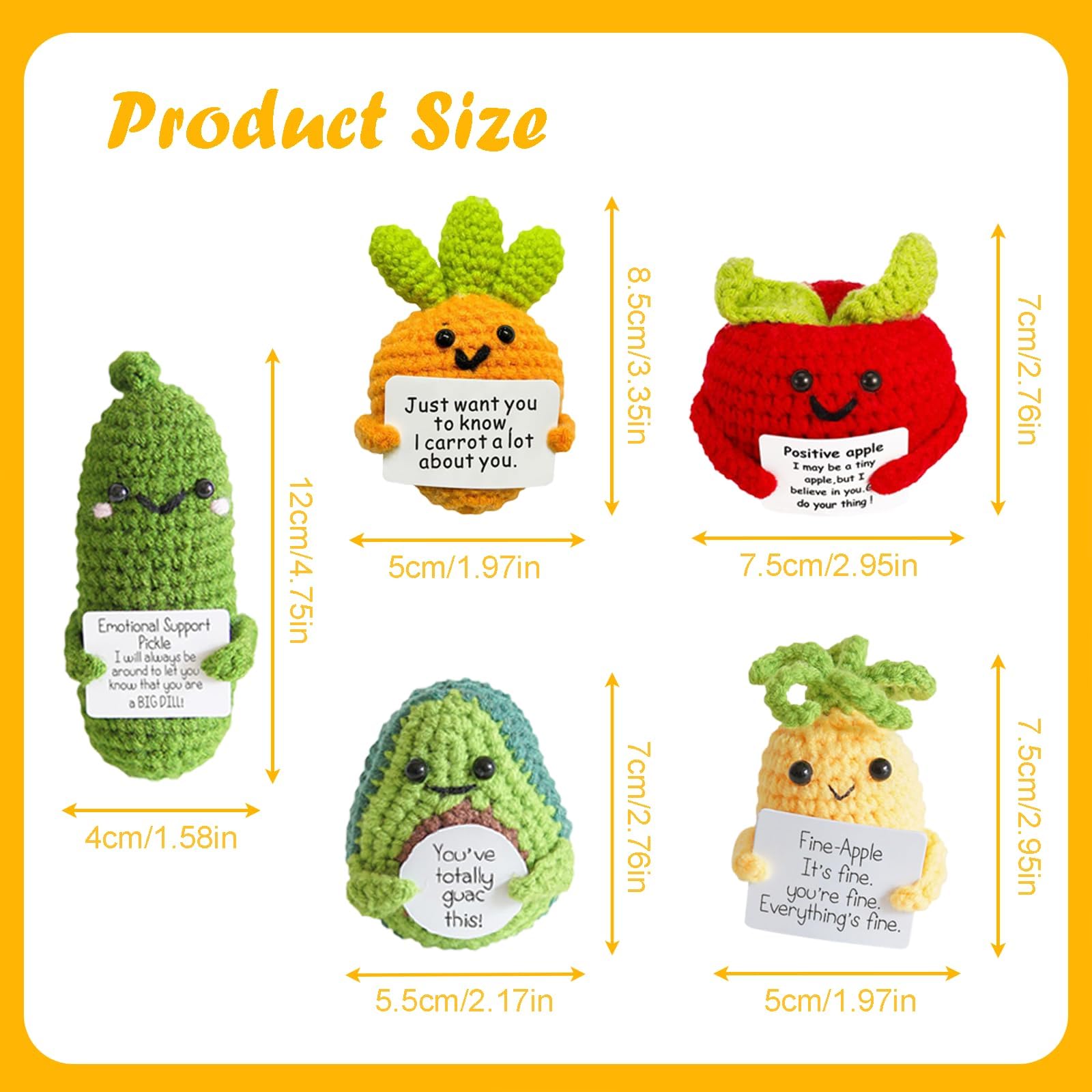 Emotional Support Crochet Vegetable & Fruit Dolls With Positive Cards - 6PCS Handmade Knitted Decor