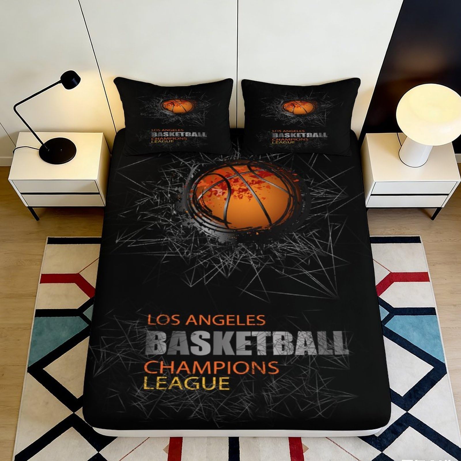 Jqzkxnhpbr Style-8 3D Printed Basketball Court Fitted Sheet Microfiber Black Orange Bed Cover For Bedroom Guestroom Mattress Protection 90X200x25cm