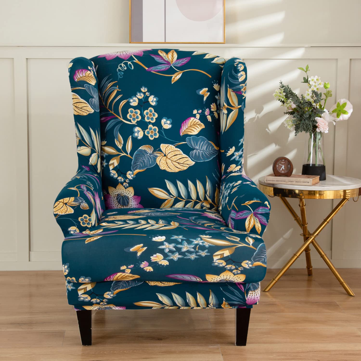 Highdi Navy Plants Wingback Chair Covers 2-Piece Stretch Wing Chair Slipcover, Luxurious Baroque Strandmon Sofa Cover Furniture Protector For Armchair Chairs Living Room Bedroom Hotel (Navy Plants)