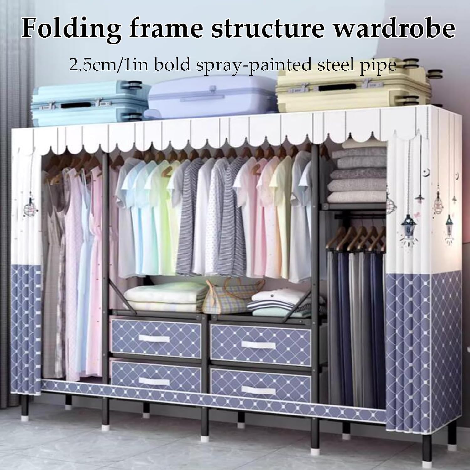 Large Closet Iron Alloy Rack Wardrobe Closet with Storage Drawer and Hanging Rods Clothes Closet Fashion Portable Wardrobe(B)