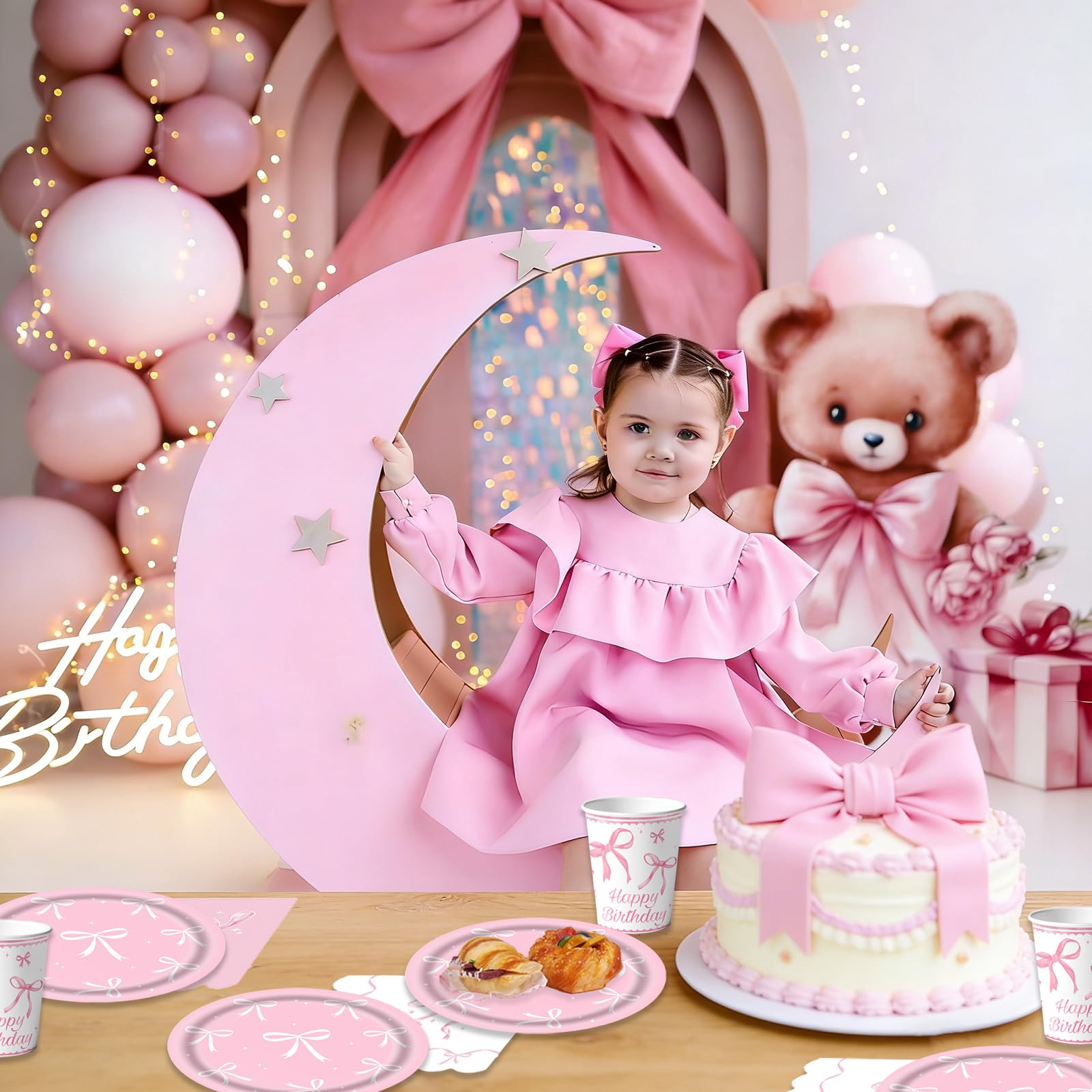 Bikasun Ensemble de vaisselle de fête en forme de nœud rose, assiettes d'anniversaire, gobelets de princesse, assiettes en carton pour fille, femme, anniversaire d'enfant 16 invités