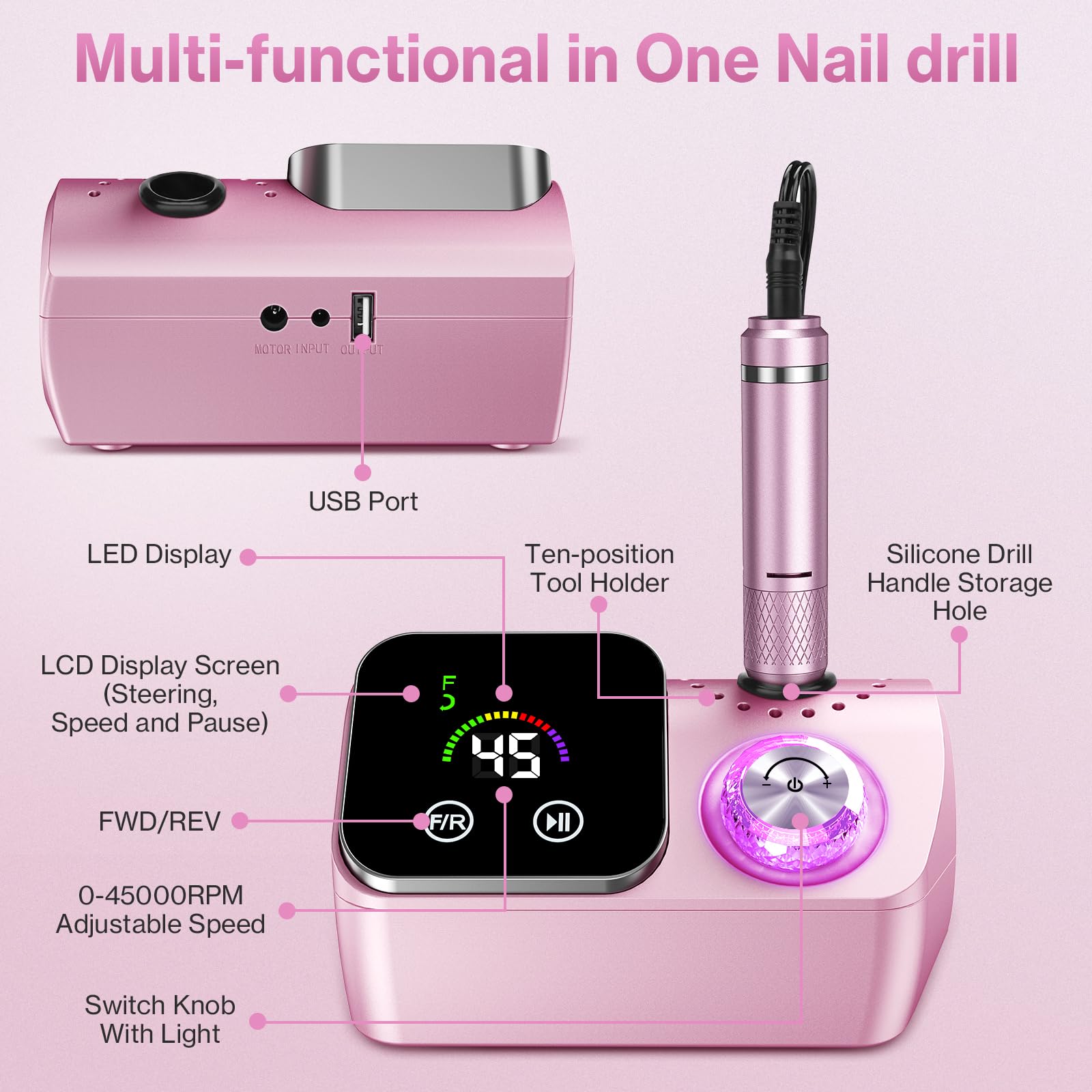 Torno para Uñas,Torno para Uñas Profesional 45000 RPM,12 12 Cabezales de Pulido, Pantalla táctil LCD,Perilla de cristal,Lima portátil para uñas acrílicas y de gel (Rosa claro)