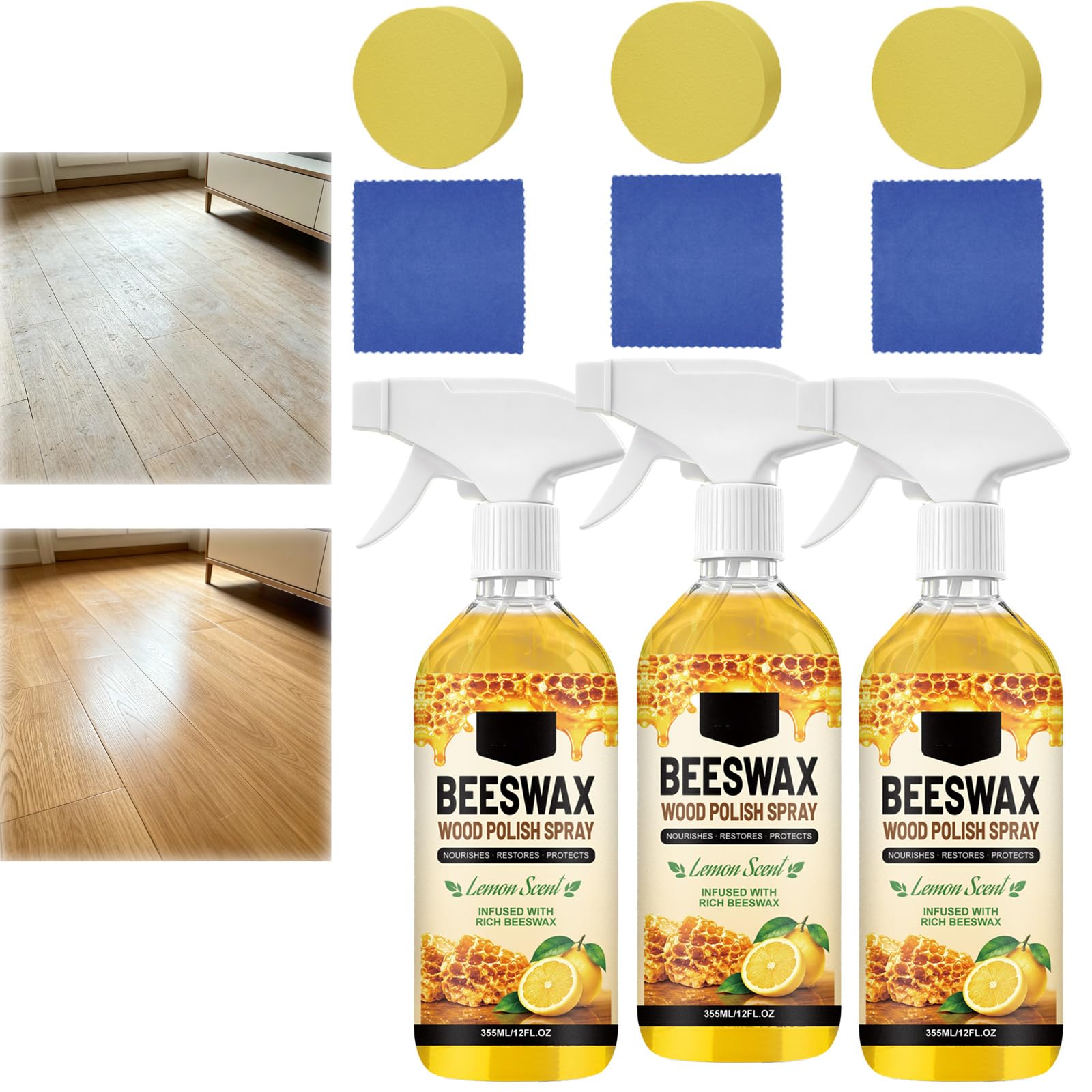 Lakier do mebli z wosku pszczelego i środek do czyszczenia drewna z gąbką i ręcznikiem, wielofunkcyjny spray do pielęgnacji drewna do szafek, stołów i podłóg, spray do naprawy i pielęgnacji drewna