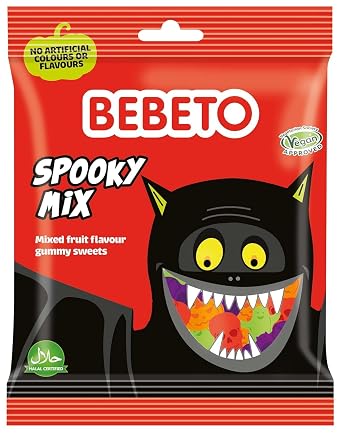 Bebeto Spooky Mix Trick or Treat Box - Individually Wrapped Fun Size Halloween Fruit Snacks - Variety Pack Assorted Candy Mix - Halloween Themed Gummy Candy by Kervan - Vegan - 45 Pouches (23.8 oz)