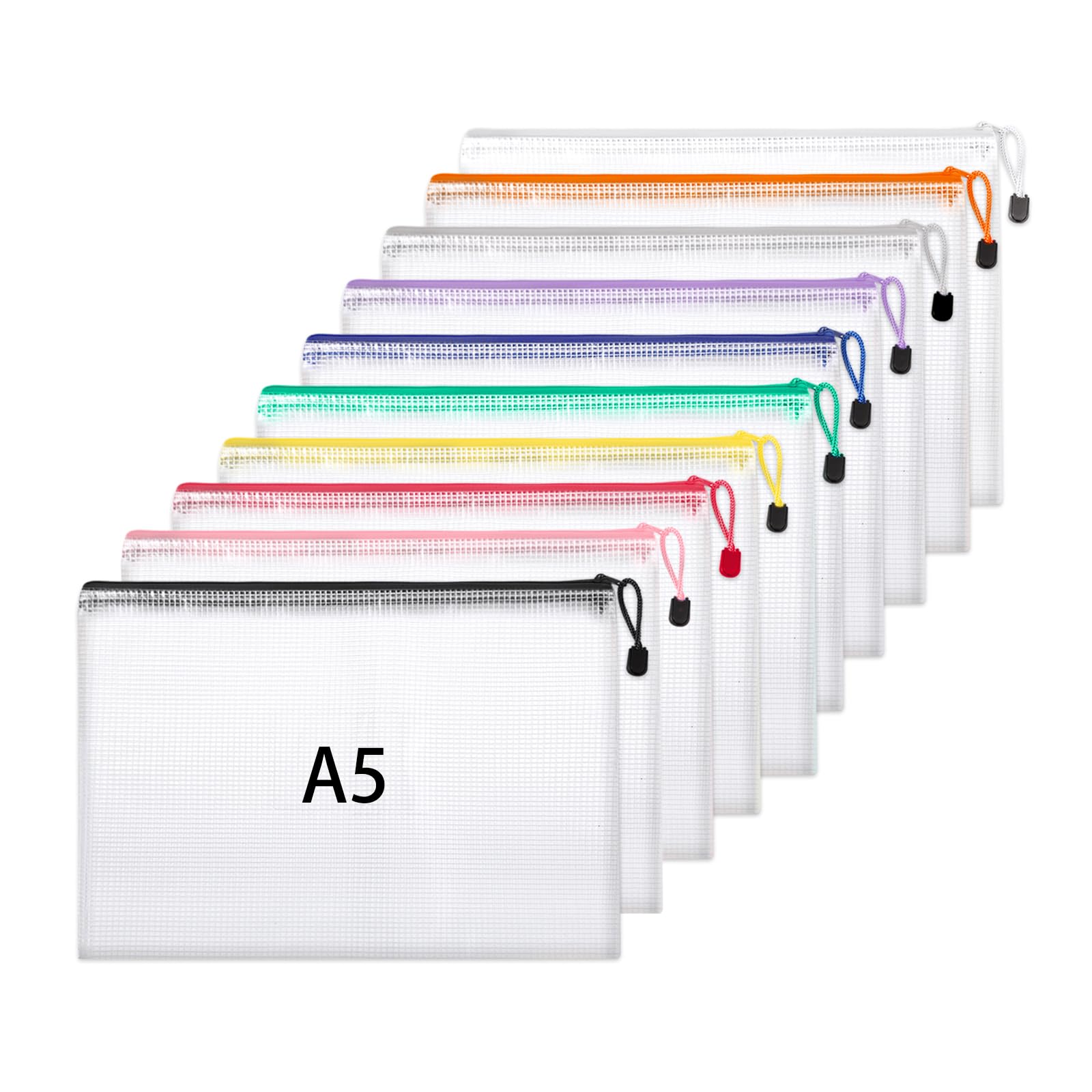 A5 Plastic Wallets, 10 Pack Zip Lock Bags Mesh Document Wallet File Folders Zip Pouches with Labels for School Office Supplies Home Travel Storage (10 Colors) — image 1
