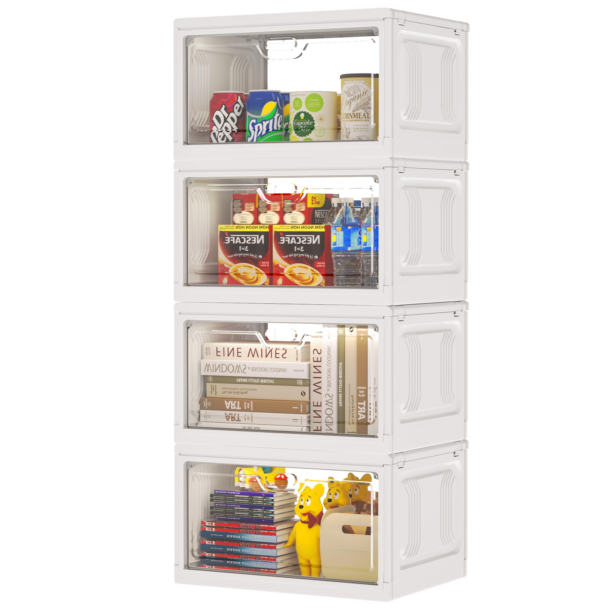 4Pack Clear Storage Bins with Lid, Plastic Folding Storage Bins for Bedroom, Living Room, Study, Toy Room, Folding Box with Magnetic door