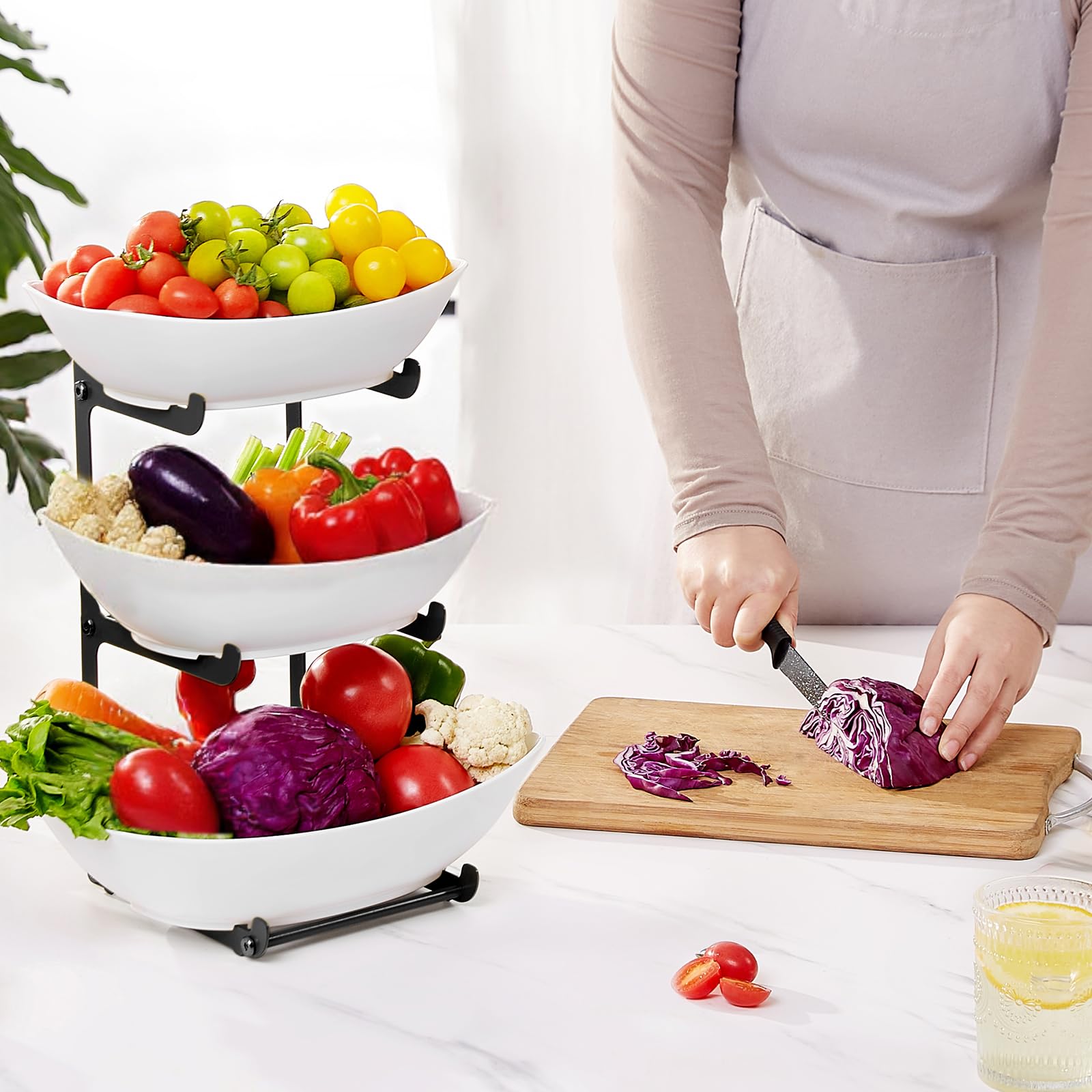 Lifewit Cestino per Frutta in Plastica a 3 Livelli Piano Cucina, Portafrutta con Supporto in Metallo Nero, Vassoio da Portata per Cibo, Verdure, Torte e Dessert per Feste, 28 x 35 cm, Nero