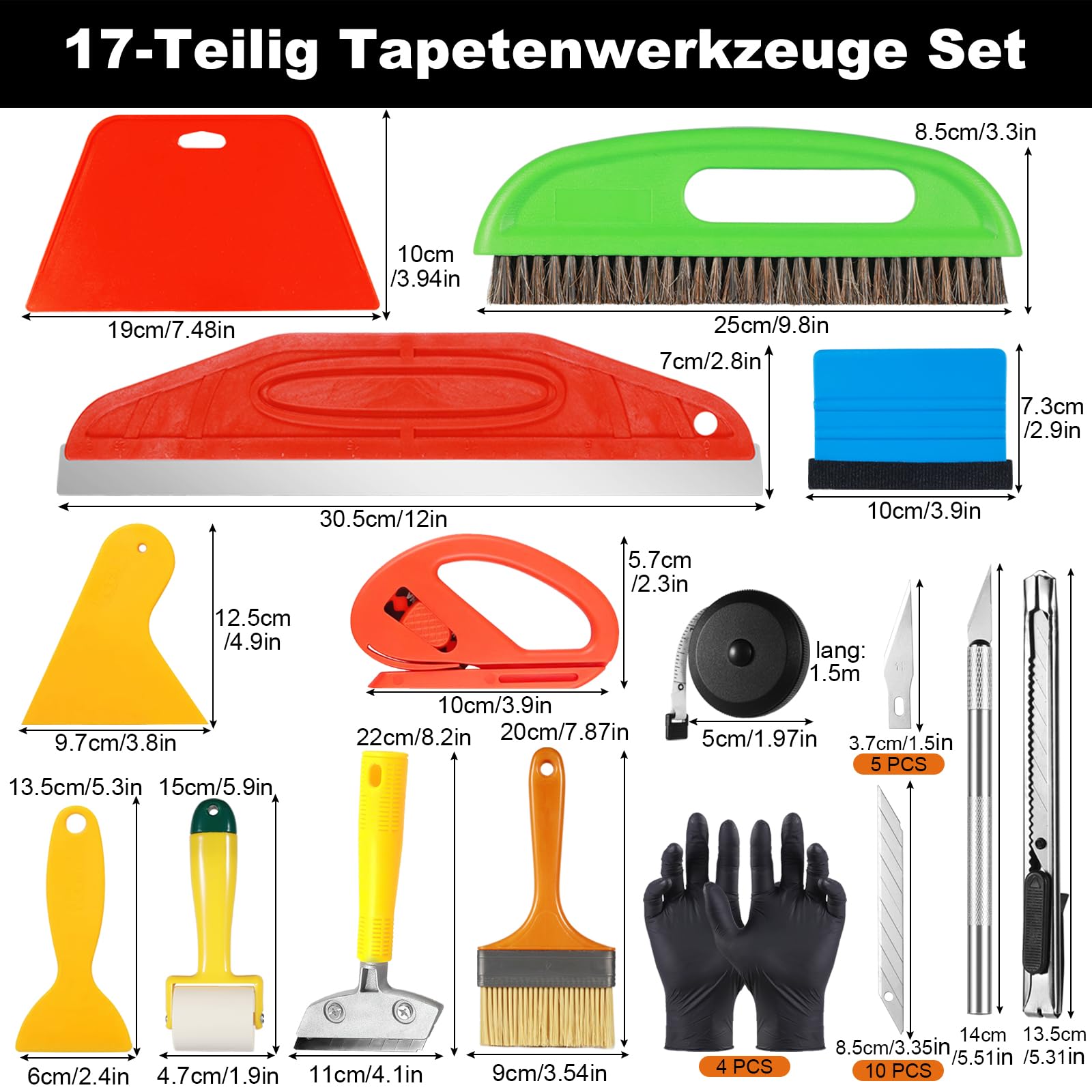 Kit d'Outils de Papier Peint, Lot de 17 Pièces avec Raclette, Brosse, Rouleau de Couture et Outil de Coupe