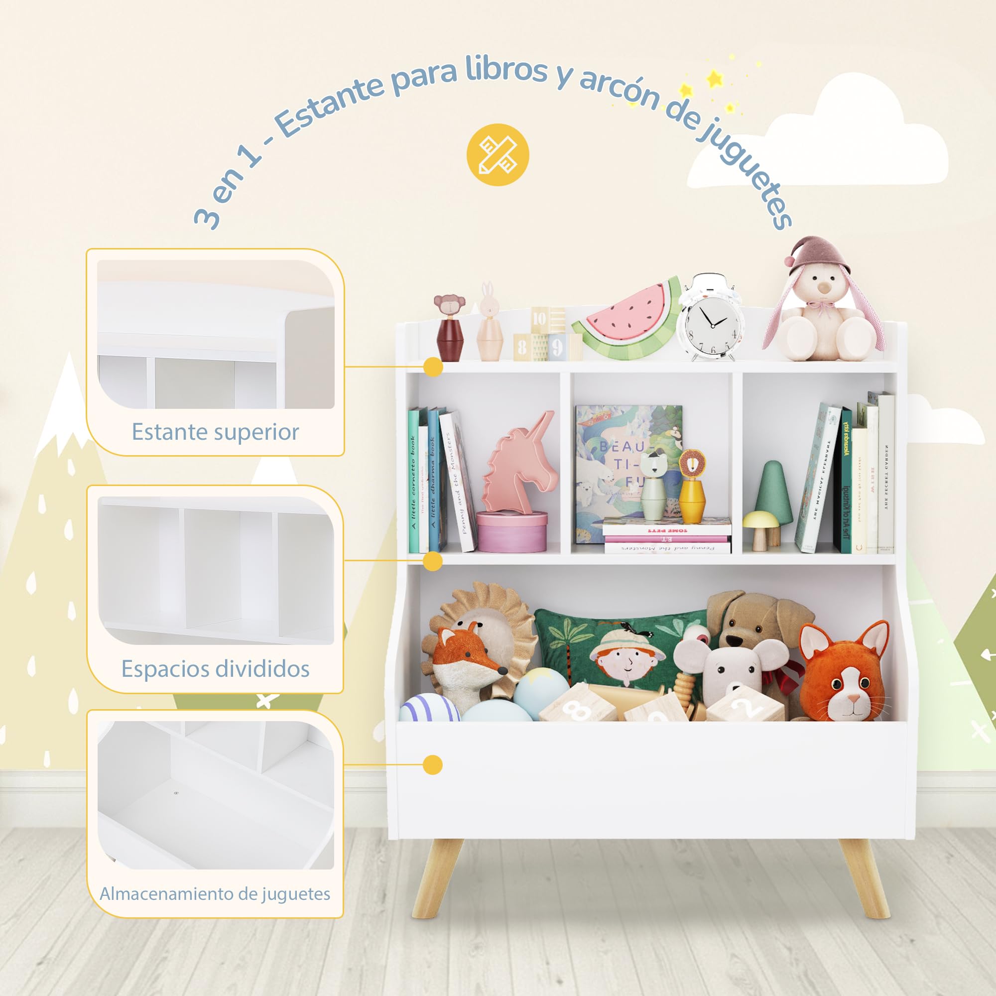 LUE BONA Estanteria Montessori con 3 Abiertos Compartimentos,Librería Infantil,Caja de Juguetes Móvil Multifuncional para Habitación de los Niños y Sala de Juegos,36 × 61 × 71 cm,Blanco