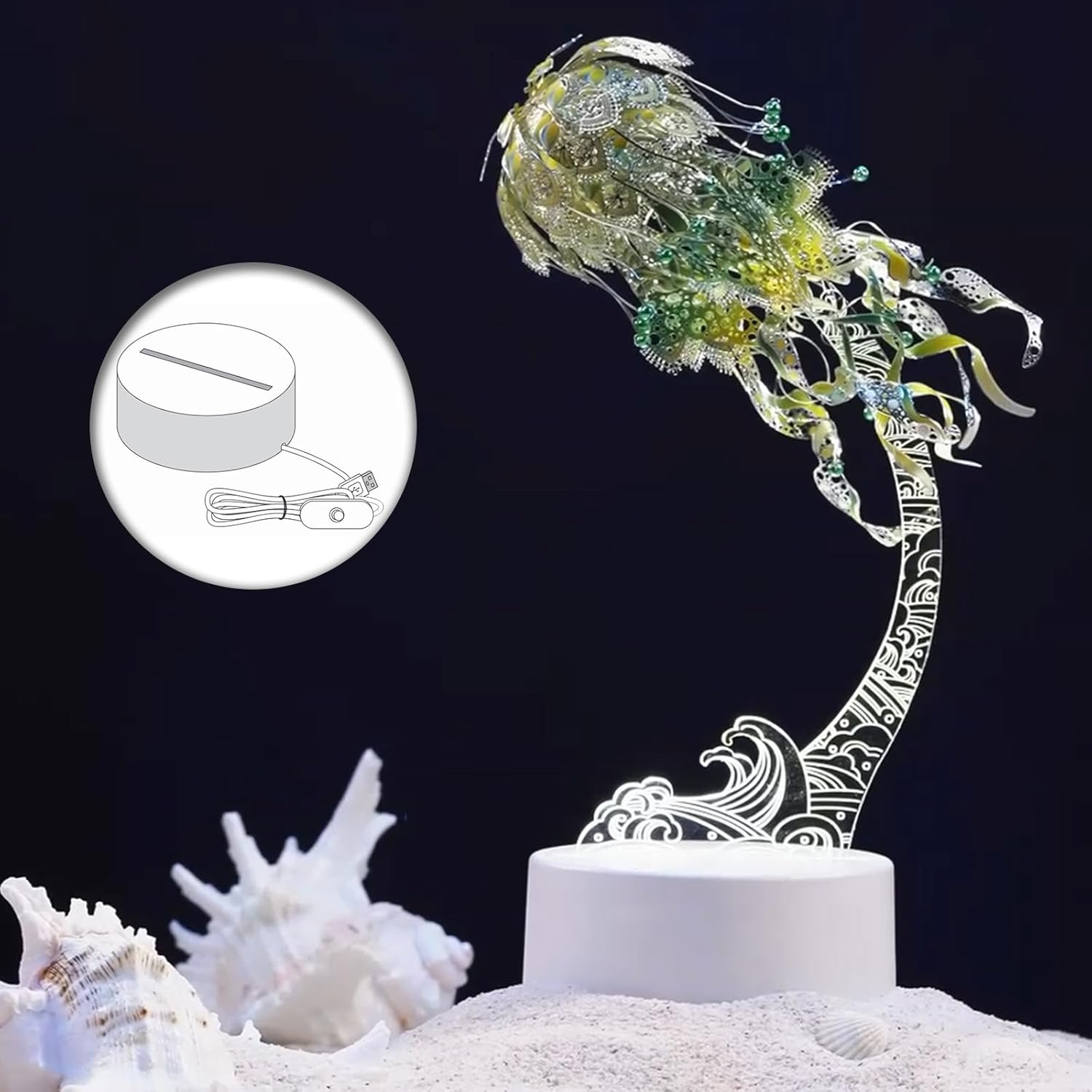 Piececool 3D Metal Puzzles for Adults - Marine Organism Jellyfish Night Light with USB Plug, Hobbies DIY Metal Arts & Crafts 3D Model Building Kits, Creative Gifts & Home Decor