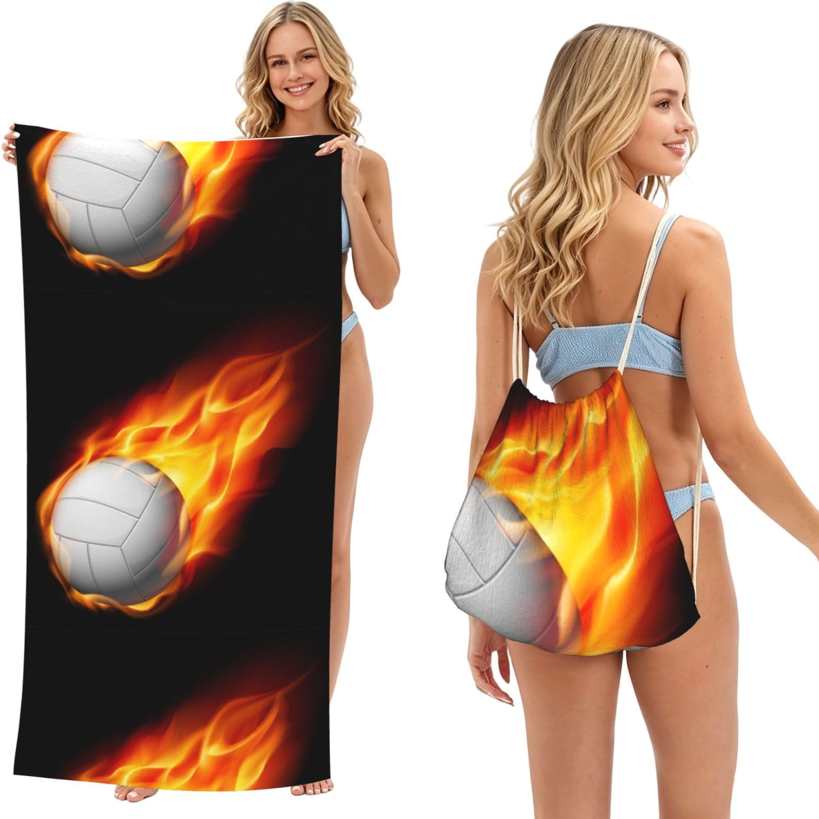Poadnly Volleyball, 2 in 1 Packable Towel Bag, Beach Towels with Drawstring Backpack for Travel Holiday Camping