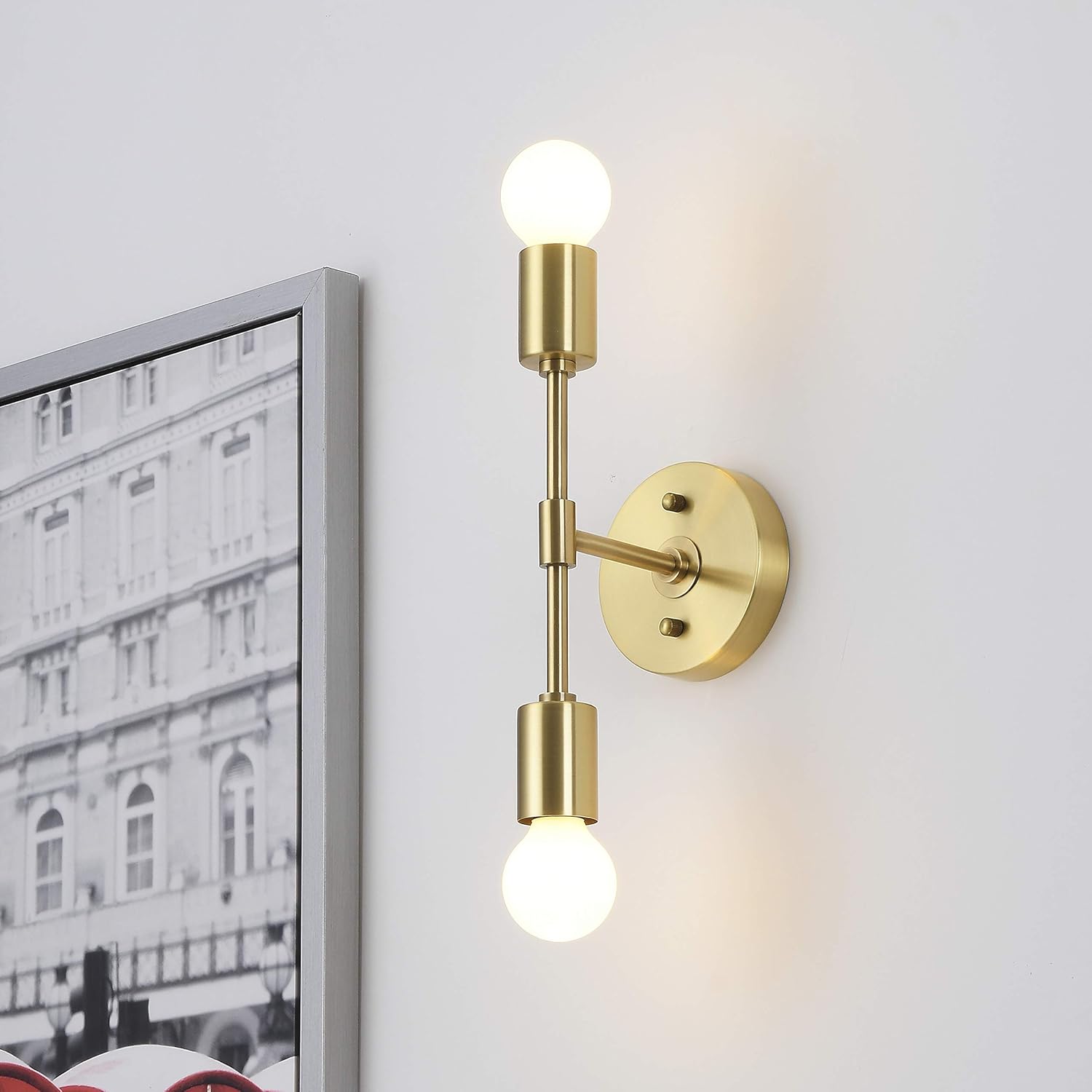 BRIGHTTIA 2 Light Wall Sconce - Modern Minimalist Bathroom Vanity and Hallway Lighting - Mid Century Industrial Exposed Bulb Wall Lamp - Flush Mount Fixture - Brushed Gold (BW0023-2G)