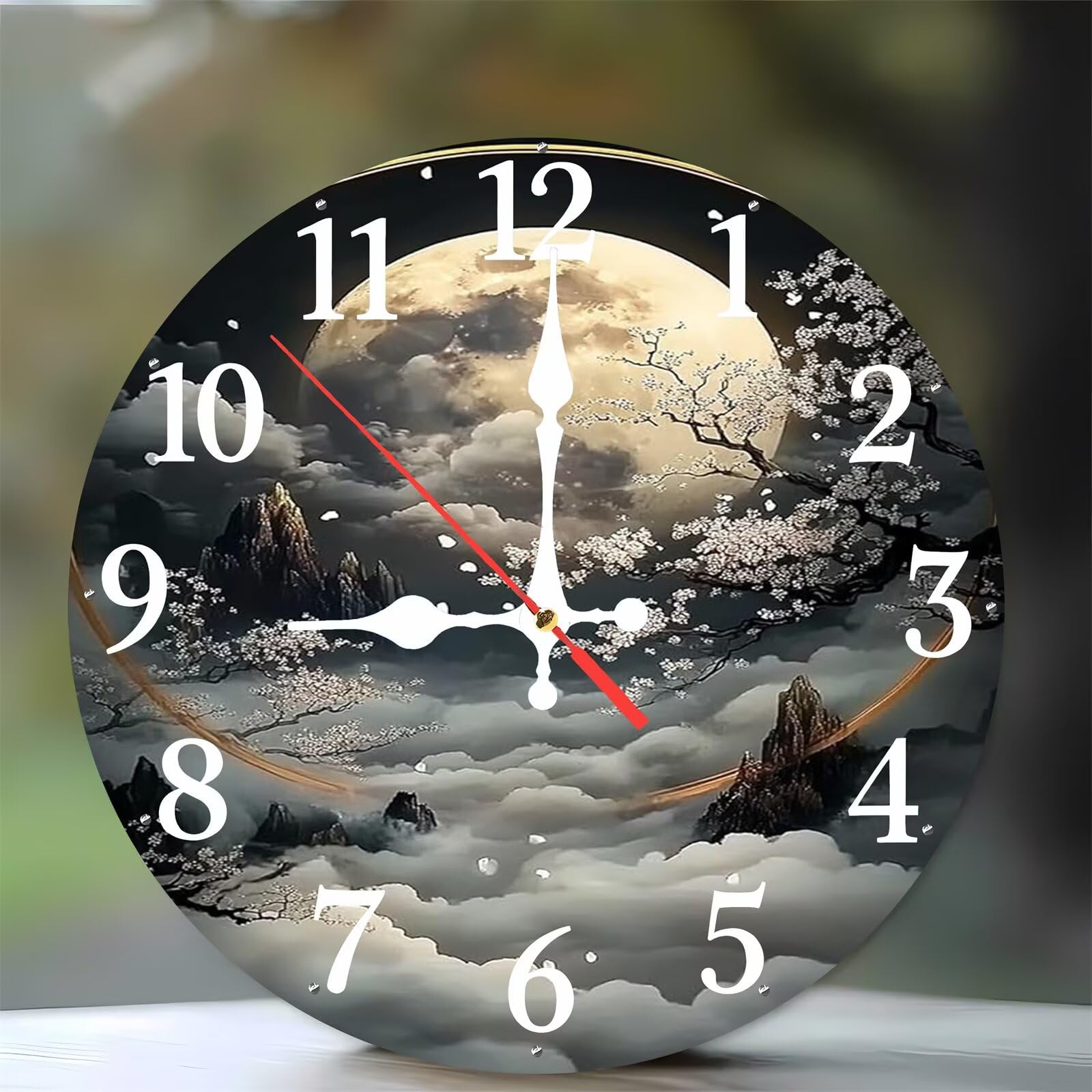 Horloge murale en bois ronde 35 cm silencieuse sans tic-tac motif paysage de fleurs