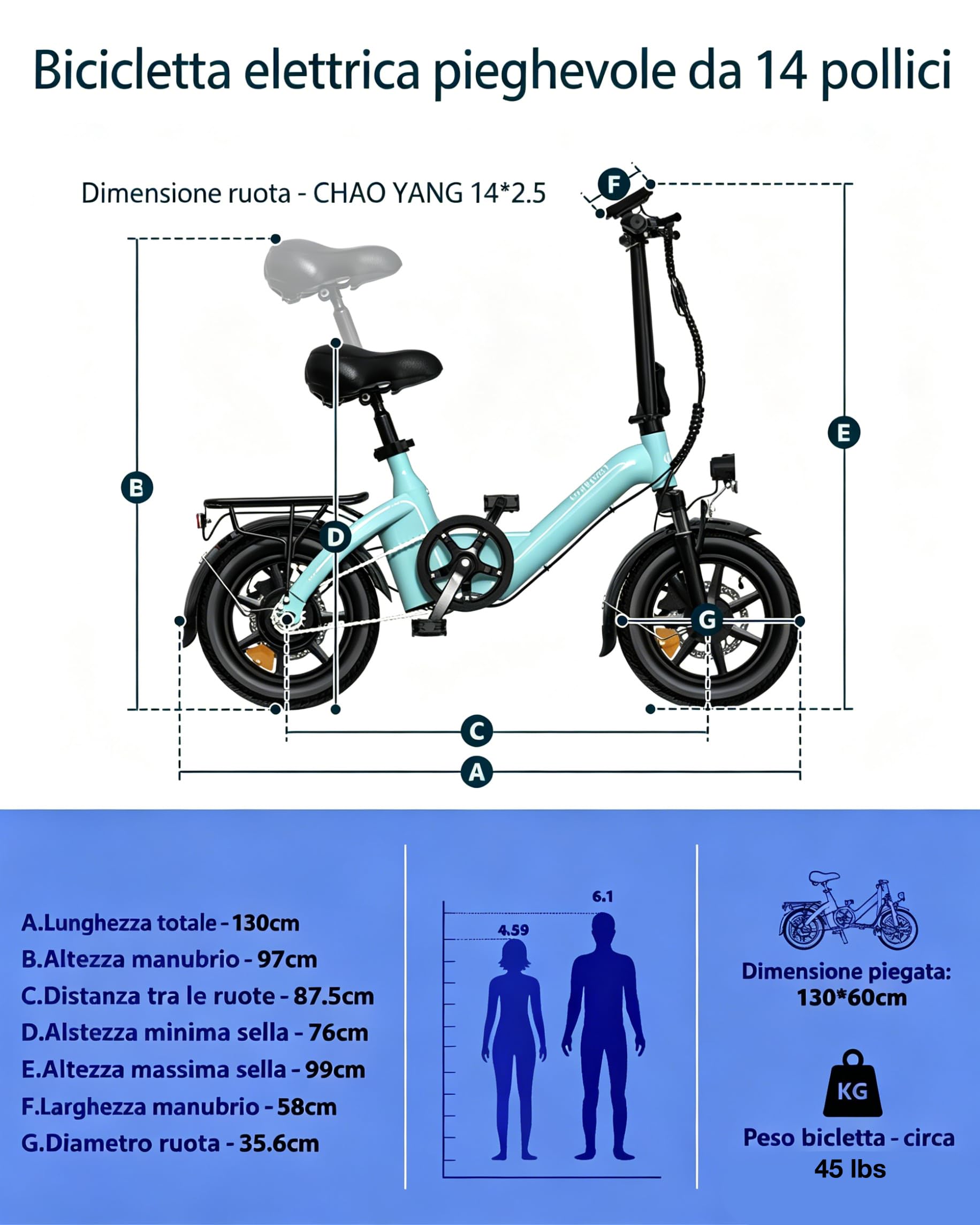 Bodywel T16Pro Bici Elettrica Pieghevole 14" Leggera Adulti/Ragazzi, Batteria 36V 10Ah + Motore 250W, 3 Velocità, Display LED 4.5", Preassemblata 90% per Città