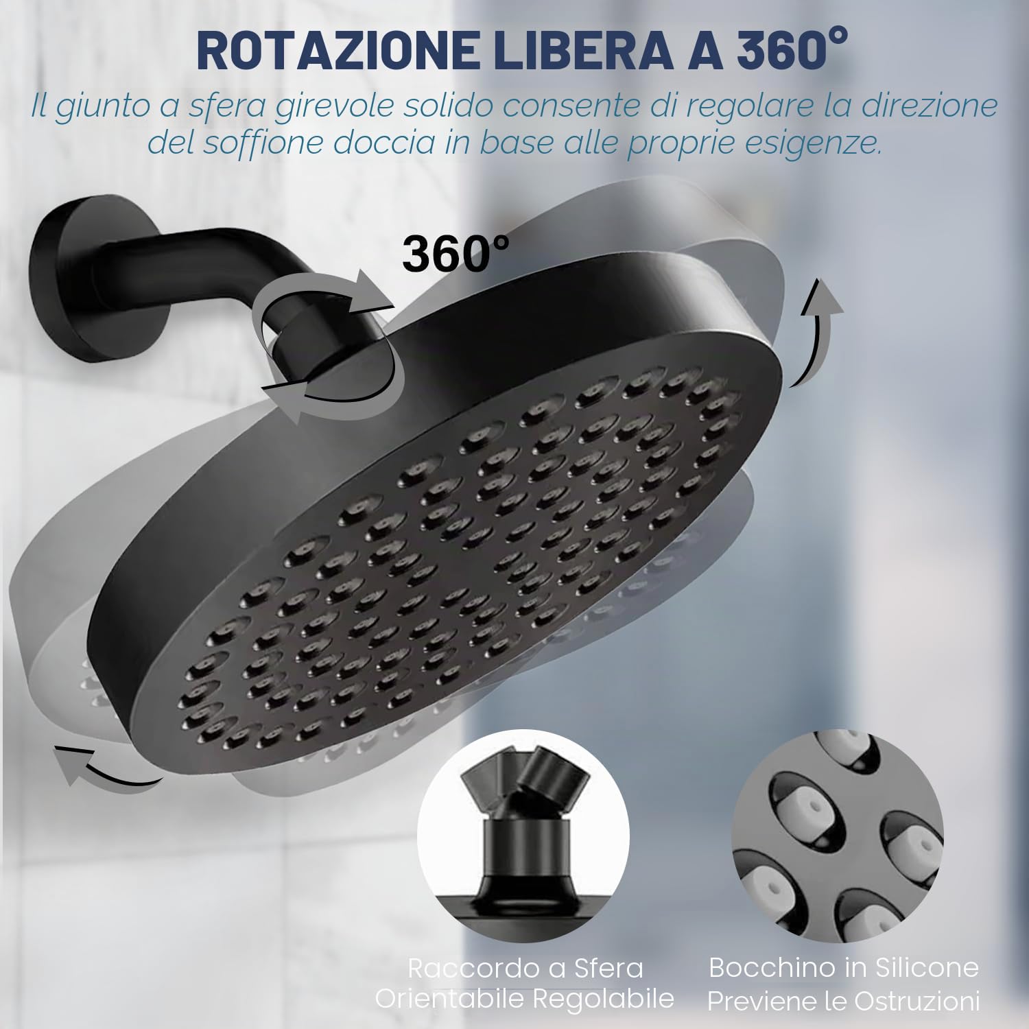 Soffione Doccia Anticalcare Fisso Pioggia Rotondo Regolabile 360° Pulizia Automatica Negro