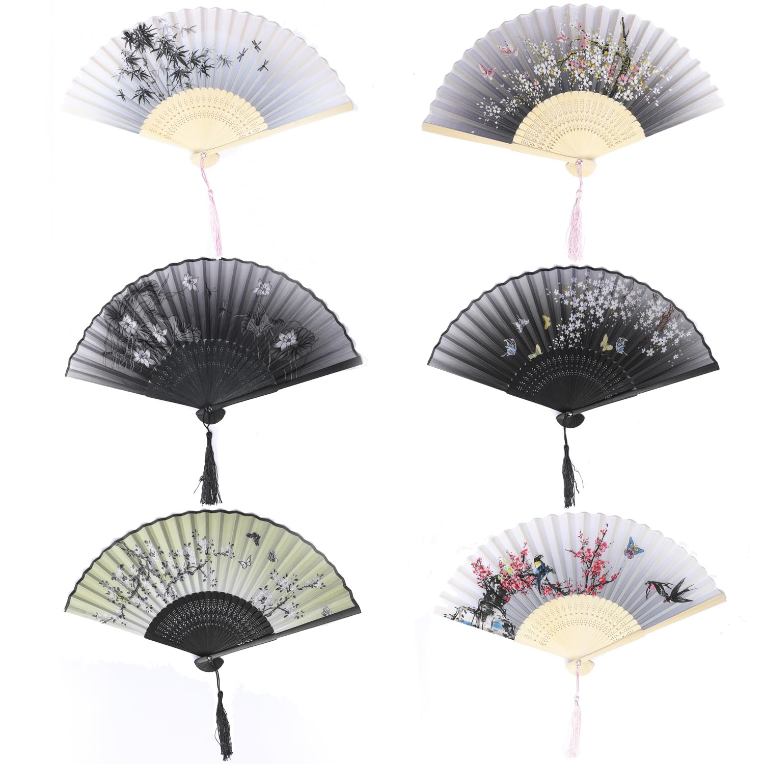 Bestage 6 Pieces Folding Hand Fans for Women,Silk Foldable Handheld Fans Vintage Bamboo Frames Chinese Japanese Fans for Dancing Cosplay Wedding Party Props Decoration