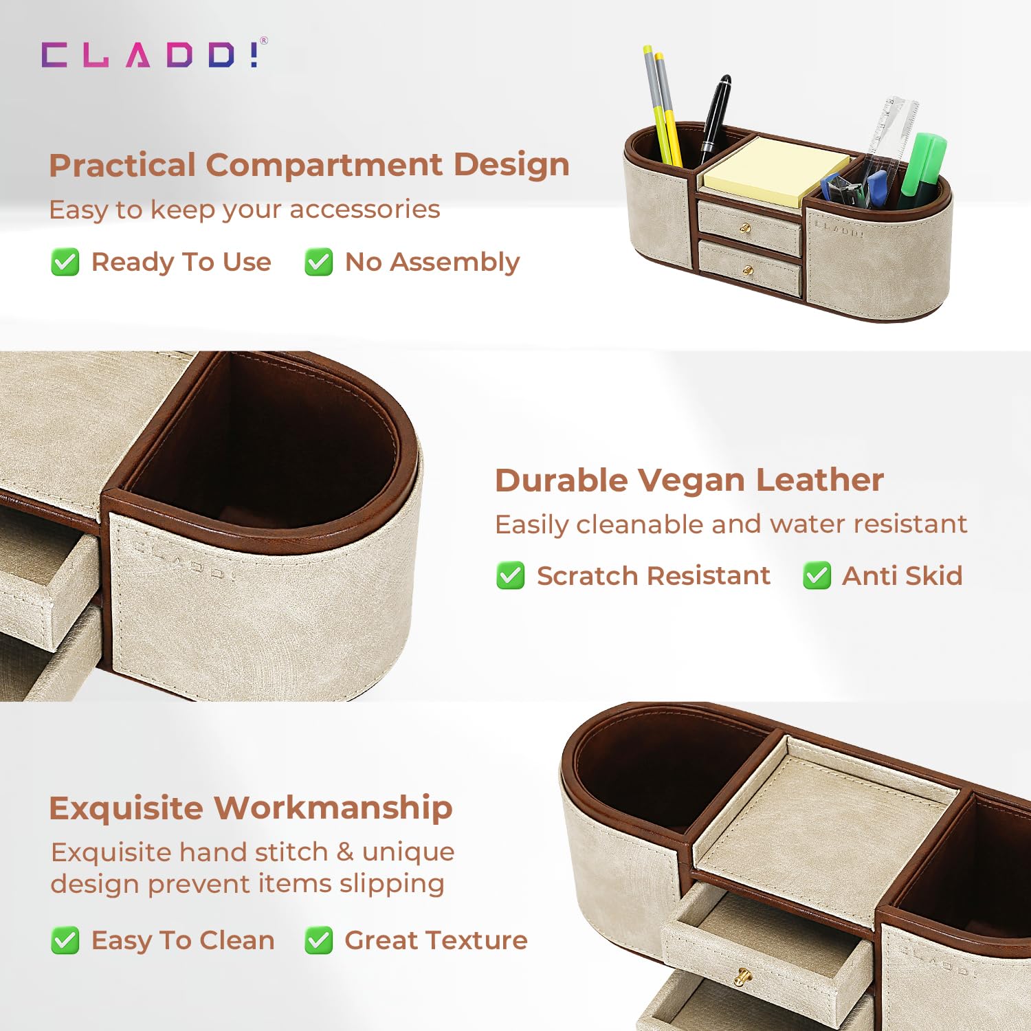 CLADD! Organizador de escritorio de cuero vegano para suministros de papelería, ideal para uso en el hogar, oficina, cocina, maquillaje (crema)