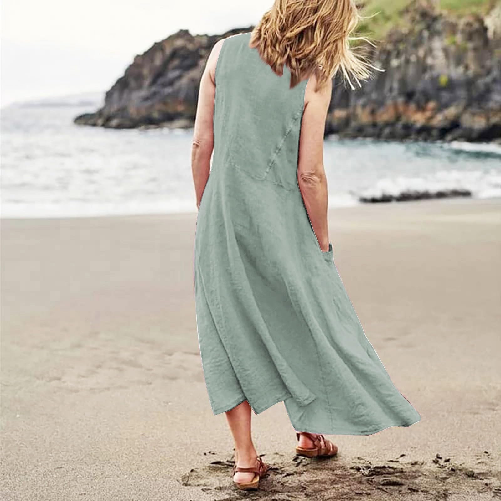 FUPODD Sommerkleider Damen Leicht Und Luftig Schwingen Tank Kleid Ärmellos Sommerkleid Damen Lang Elegant Maxikleid Damen Freizeit Locker Kleider Damen mit Taschen Strandkleid Damen Schick Einfarbig