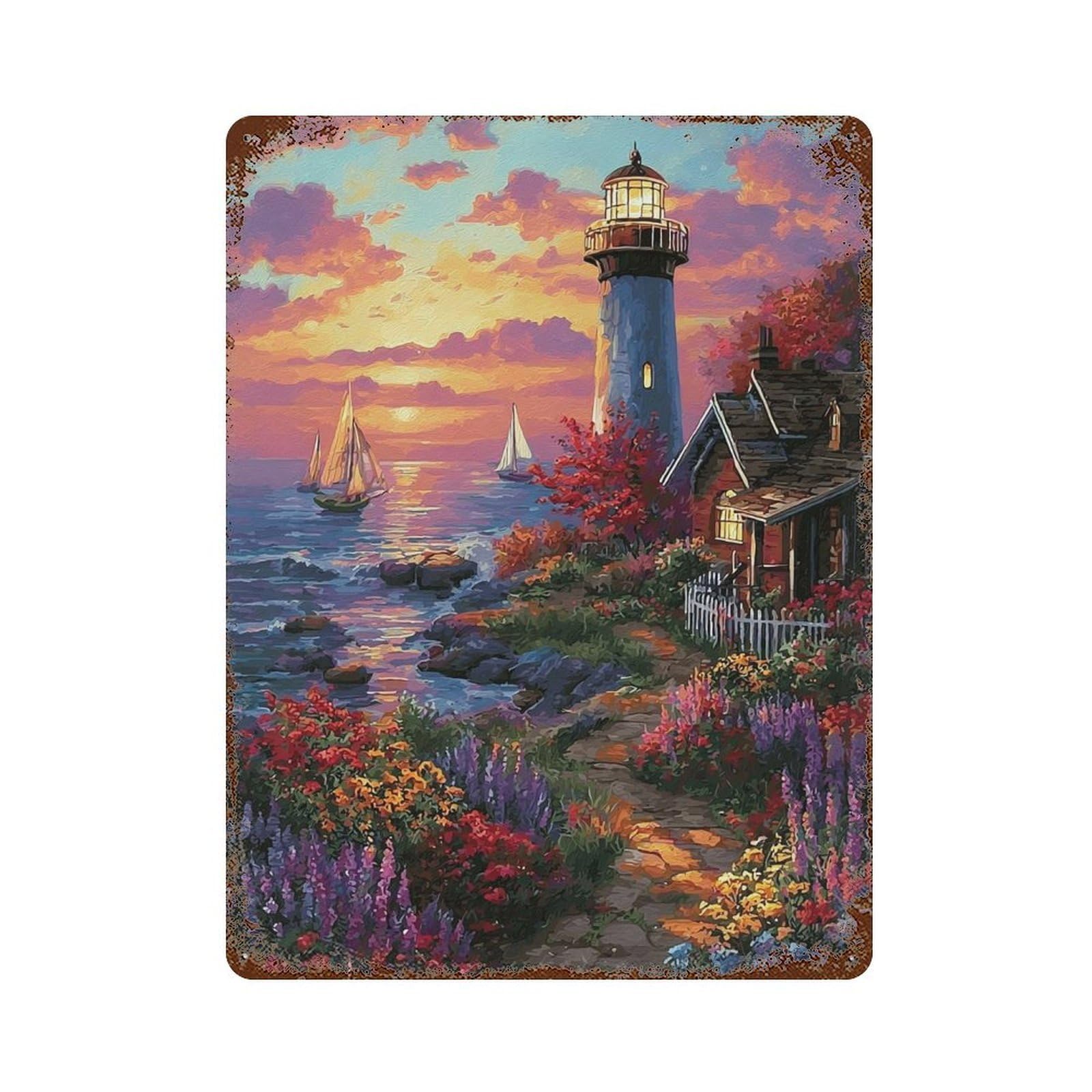 Garage Style Coastal Lighthouse Sunset Scene Distressed Metal Wall Sign 15.7"x11.8", Rustic Home Decor for Bar And Workshop