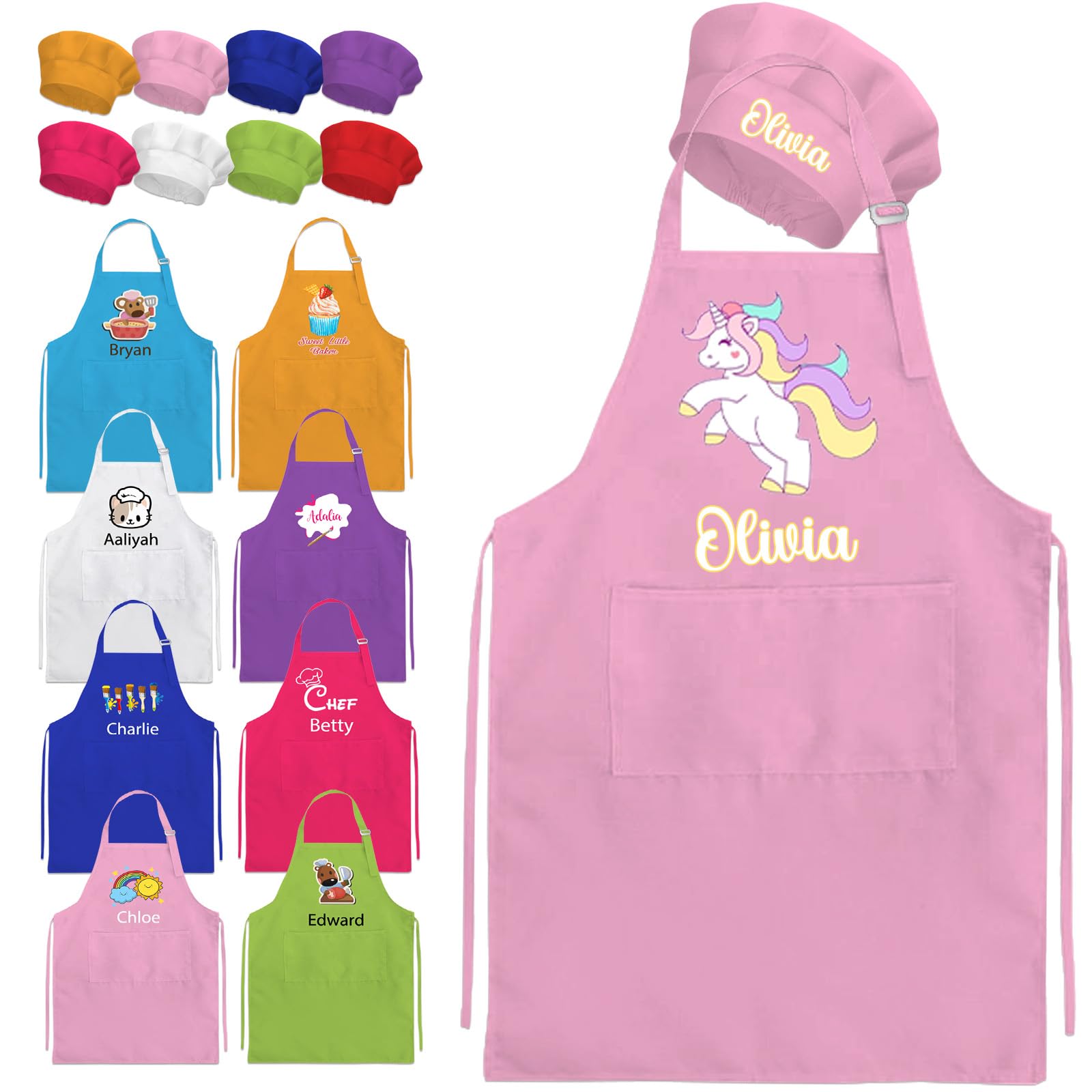 Gridachi Personalised Kids Apron with Name Custom Kids Chef Hat and Apron Girls Boys Kid Cooking Baking Kitchen Painting
