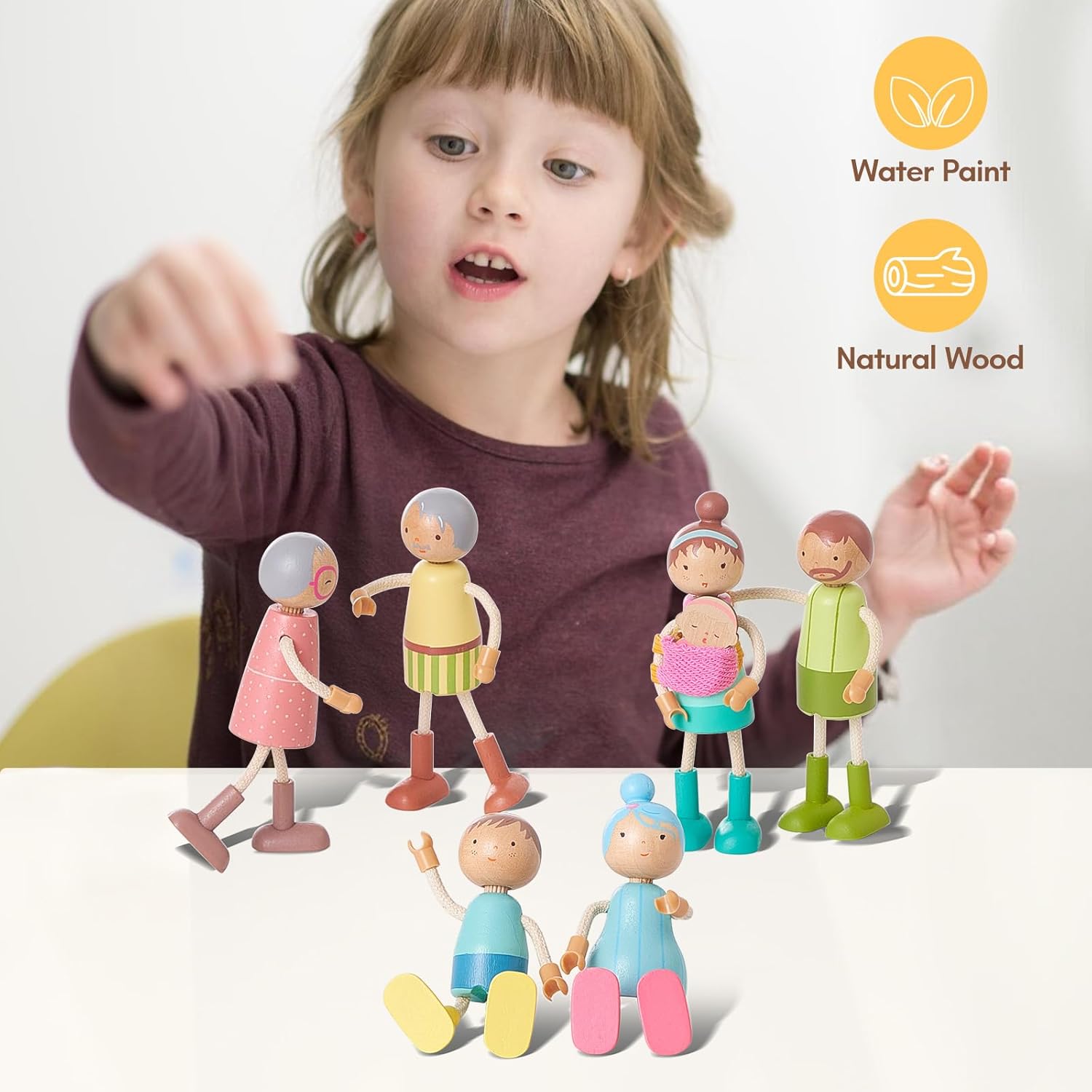 Giant bean Wooden Family Dolls Set of 7 for Dollhouse, Dollhouse People Miniature Dollhouse Accessories Toy for Boys Girls Kids Pretend Play 3 Years up