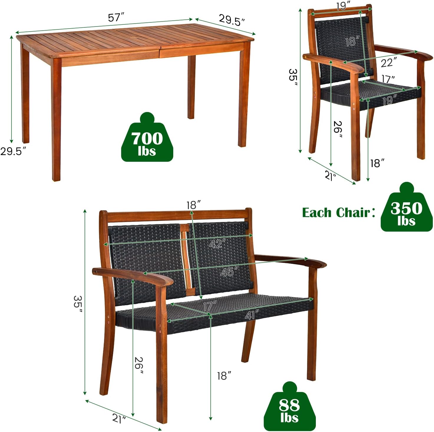 COSTWAY 4 Piece Patio Rattan Dining Furniture Set, Outdoor Acacia Wood Frame Loveseat, Chairs and Table Set with Umbrella Hole for Garden, Backyard, Lawn