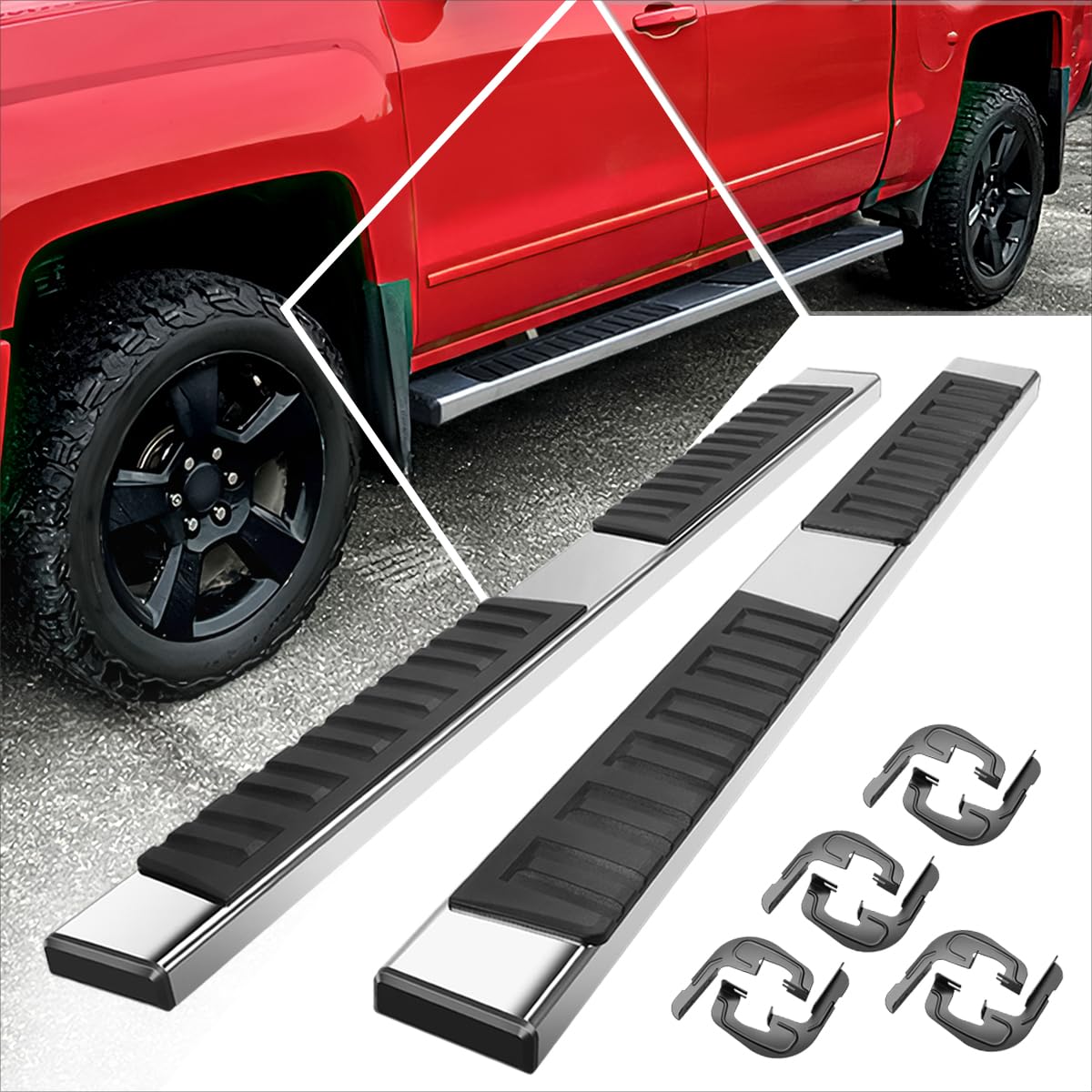 [Pair] 6.7 inch Stainless Steel Flat Running Boards Side Step Bars Compatible with 07-19 Chevy Silverado/GMC Sierra Crew Cab