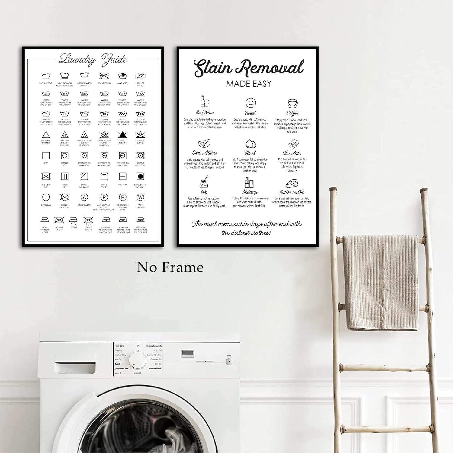 Laundry Canvas Wall Art Care Picture Stain Removal Guide Sign Poster Modern Minimalist Painting Black and White Room Pictures Symbols Print 16x24inx2 No Frame
