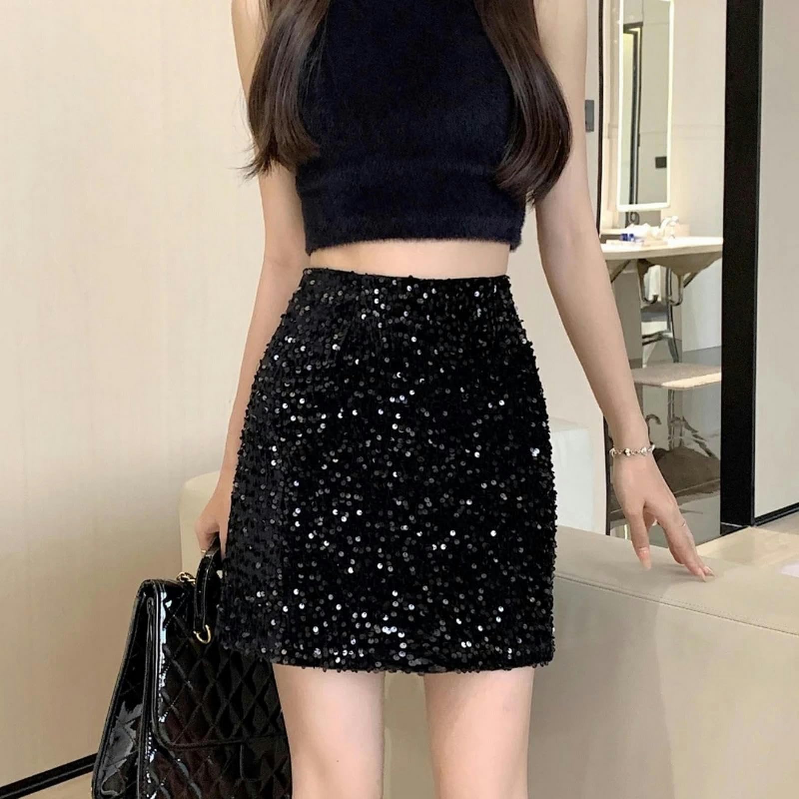 Gonna Gonna di Paillettes Nera Women Women Fashion High Wiist Slim A-Line Gonna Corta con Gonna da Festa Paillettes
